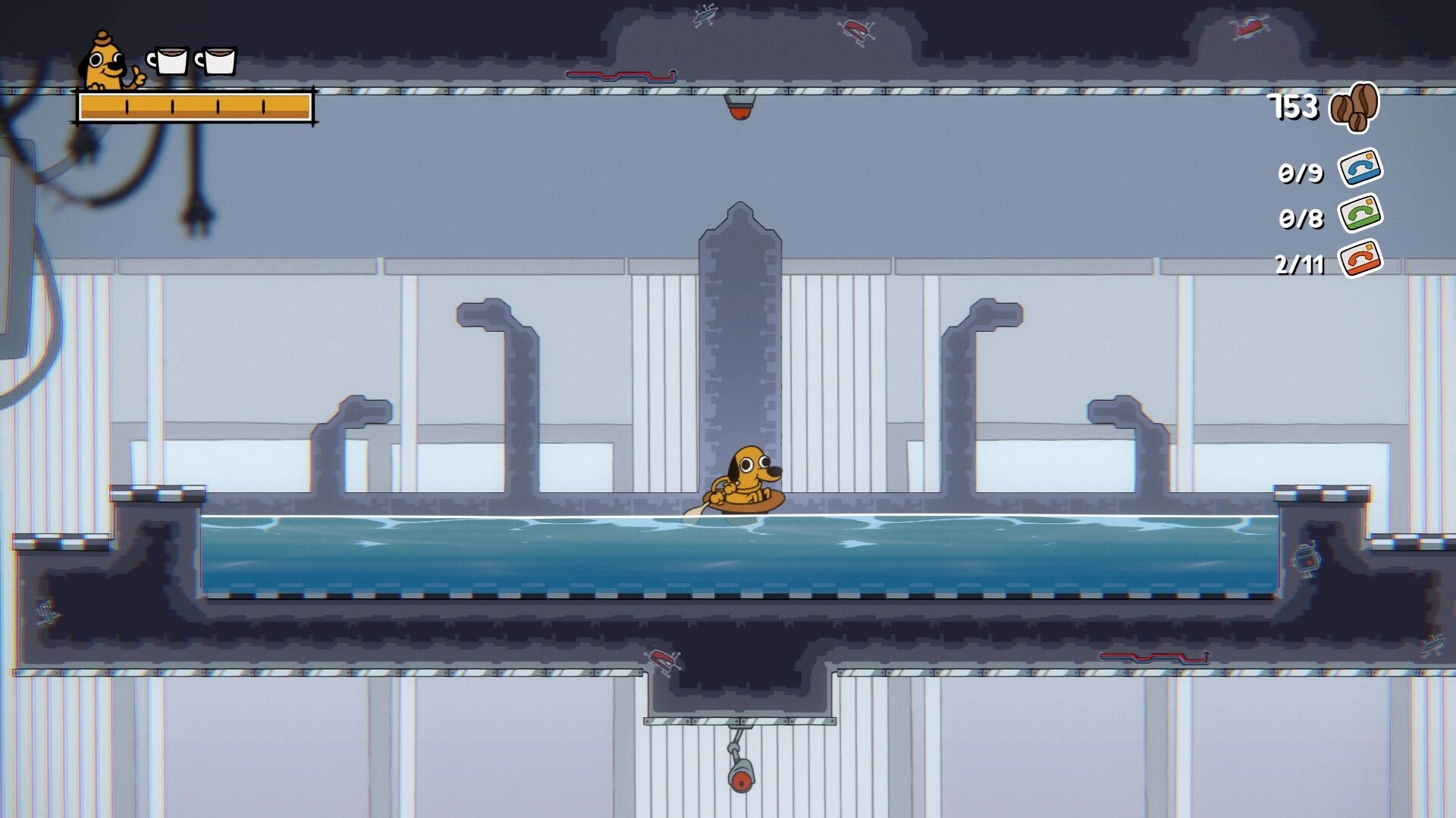 This Is Fine: Question Hound paddles in rubber duck ring through a water-filled industrial tunnel