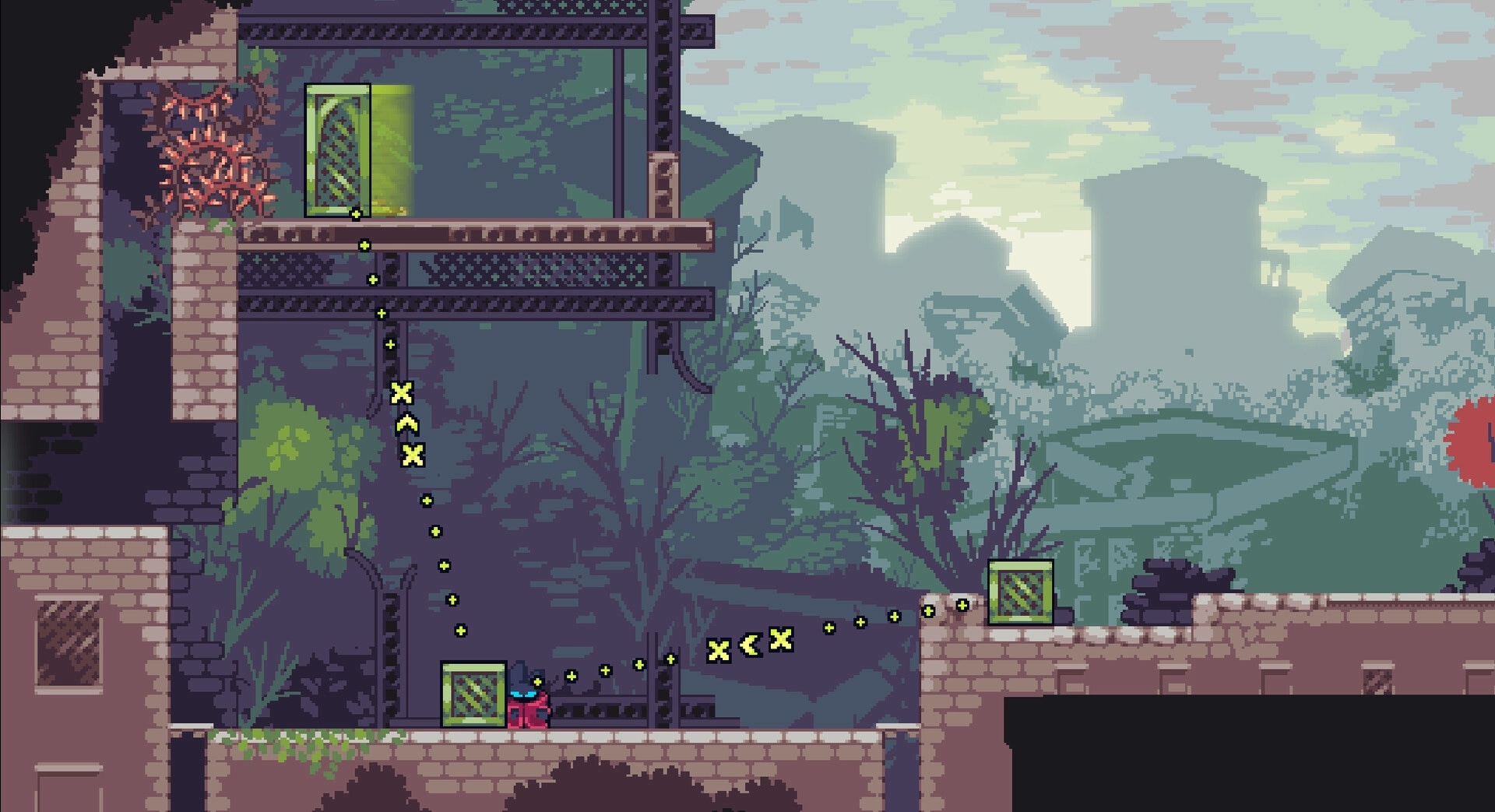 Threadbound: Dotted thread path linking crates and switches across ruined brick platforms in misty cityscape.