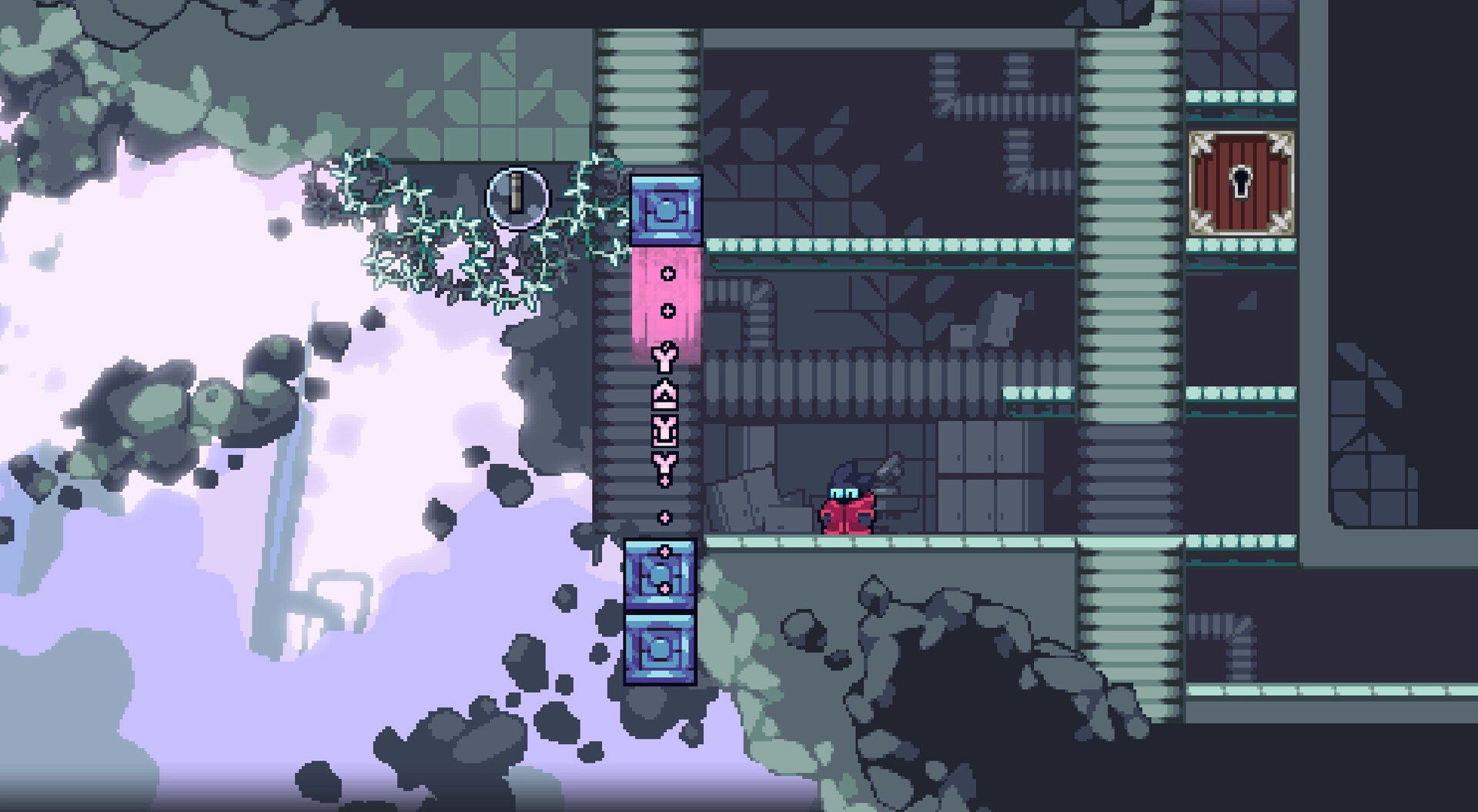 Threadbound: Player stands by a vertical thread switch in ruins, with locked door and platforms nearby.