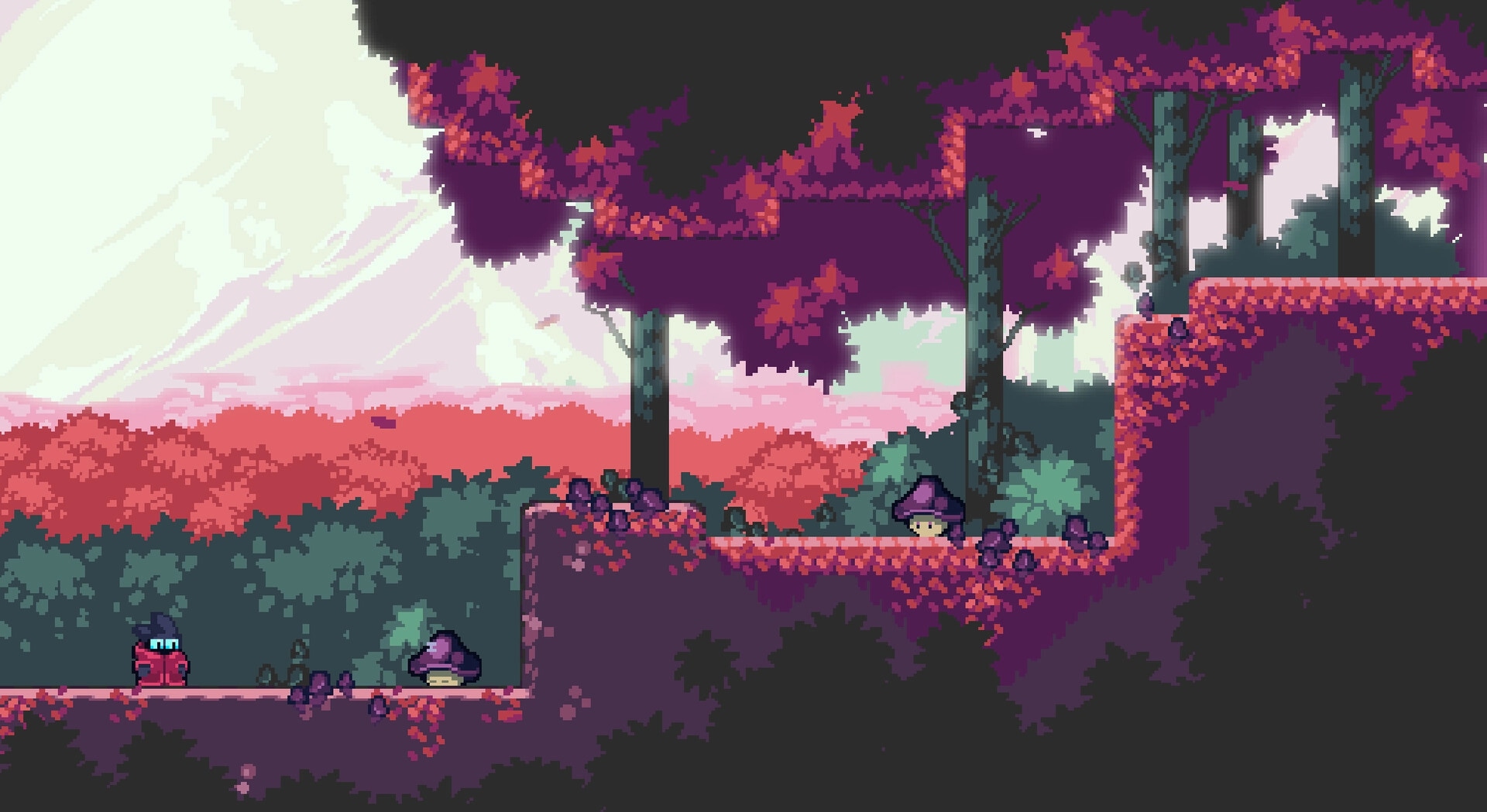 Threadbound: Hooded hero beside a mushroom NPC on leafy platforms in a purple forest backdrop.