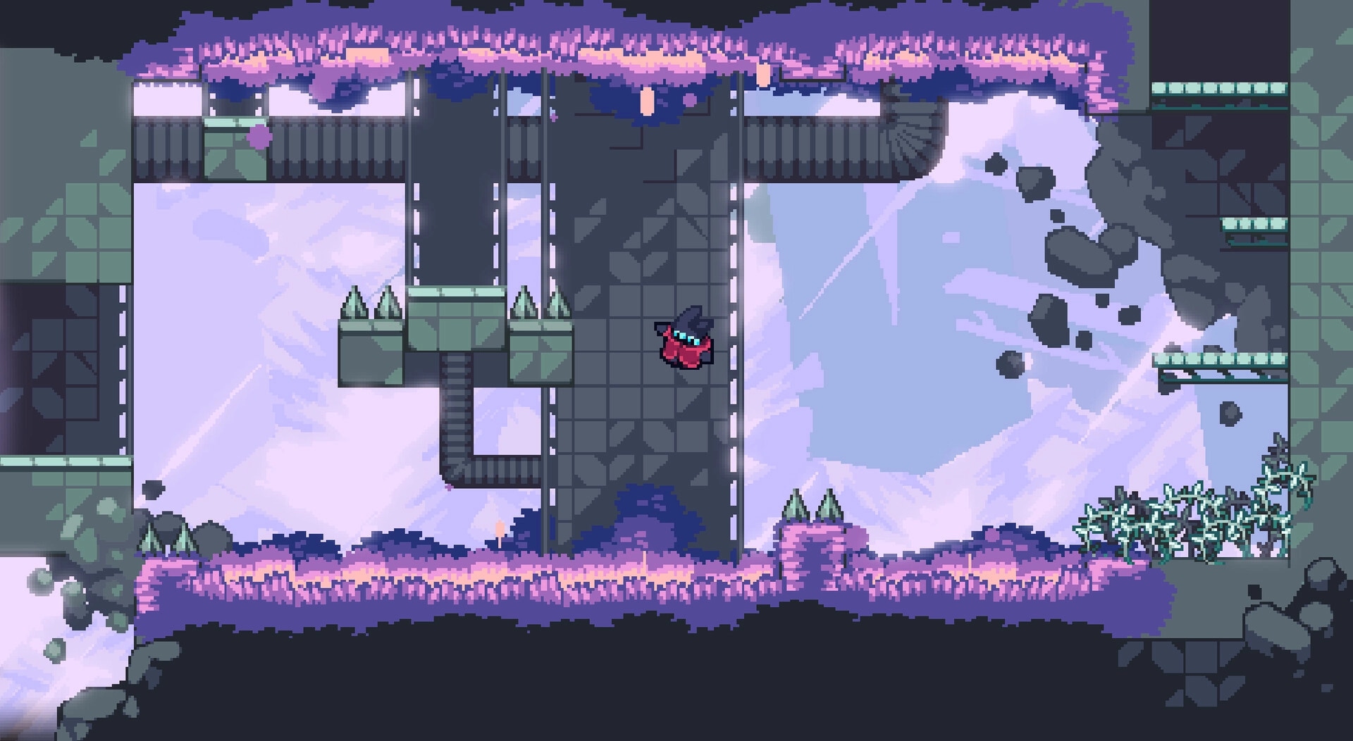 Threadbound: Red-cloaked character on stone platform between spike traps in mossy ruined city corridor.