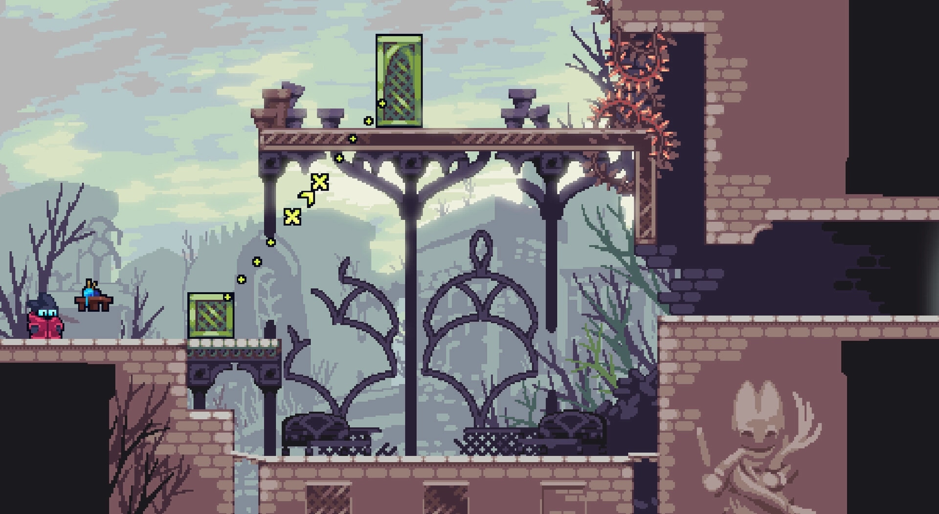 Threadbound: Hooded character launches a blue glider past green crates in ruined brick platforms.