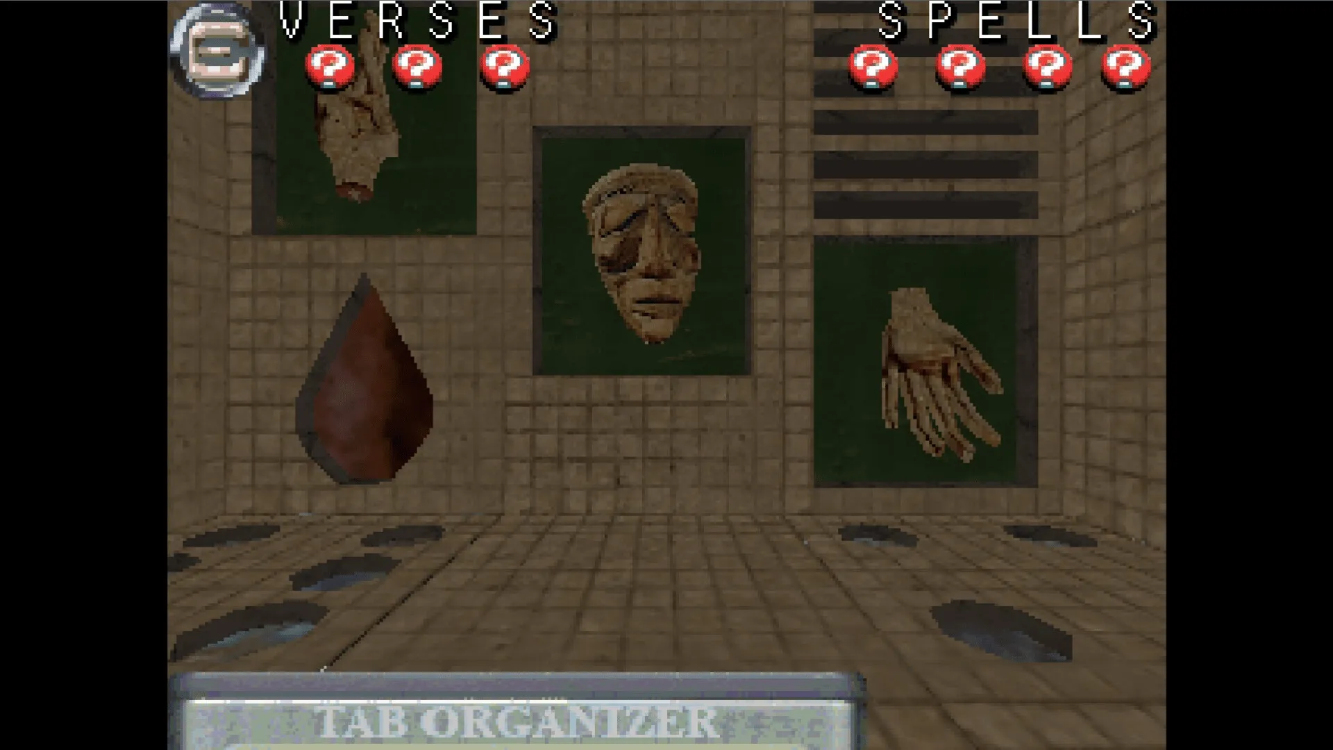 THREE VERSES³: Wall of ancient artifacts in a stone room with verses and spells UI at the top