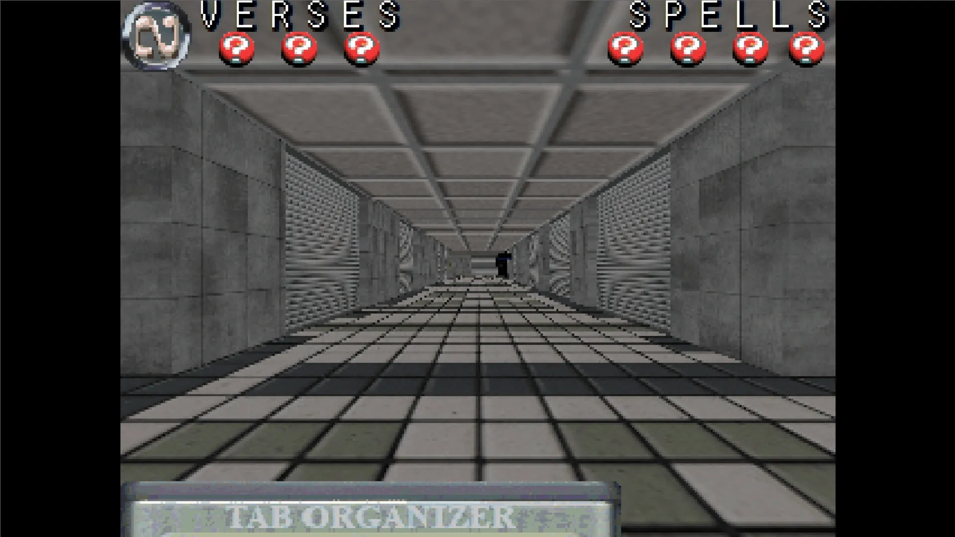 THREE VERSES³: Navigating a gray dungeon corridor with verses and spells HUD displayed at the top.