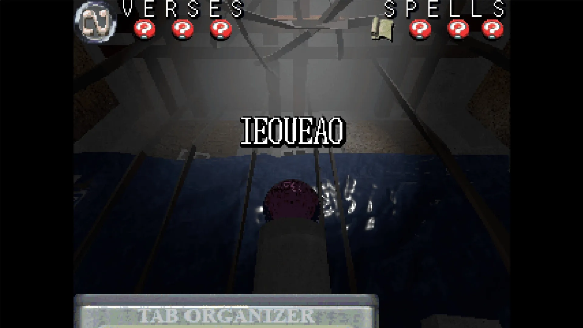 THREE VERSES³: Typing challenge with mystical orb in dimly lit dungeon with spell indicators