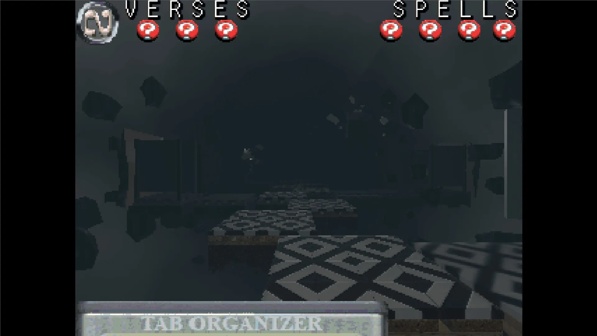 THREE VERSES³: Dark corridor with floating platforms, verses and spells UI at the top, tab organizer below