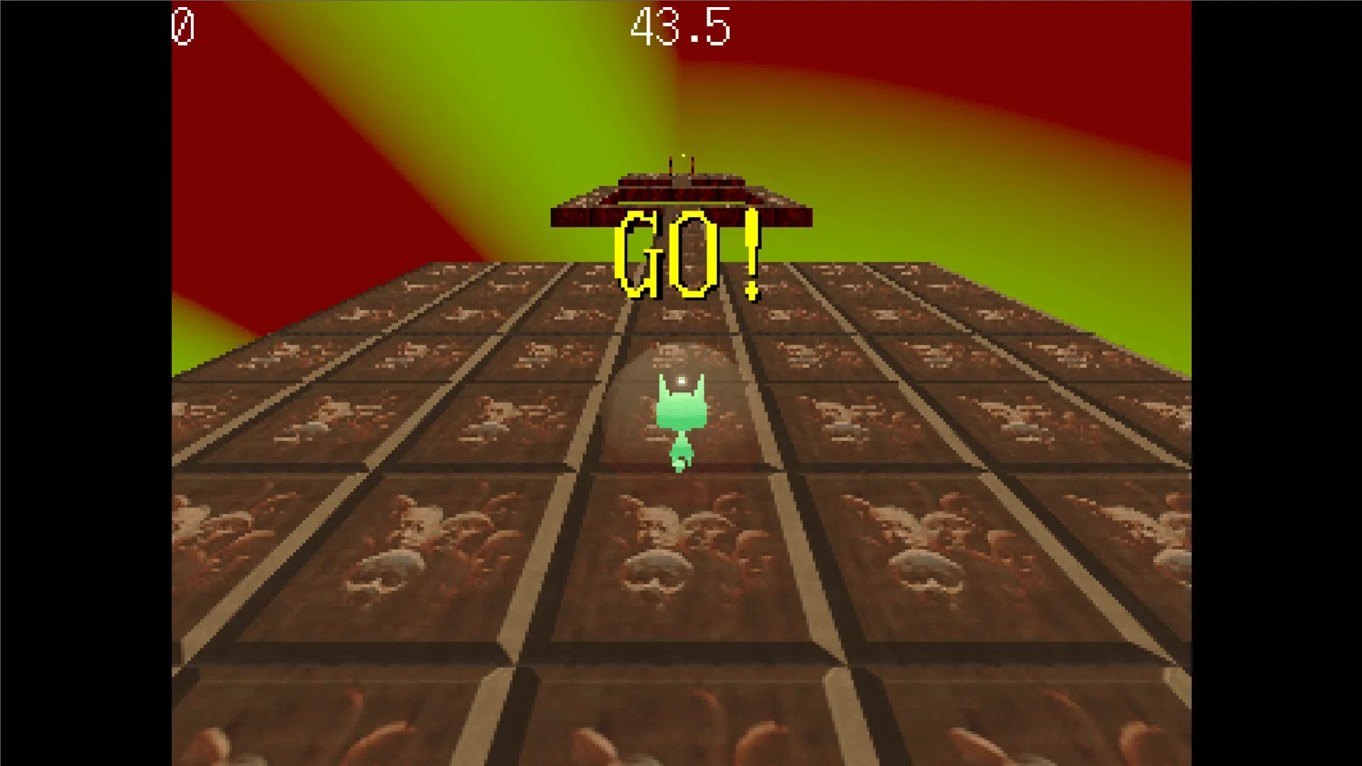 THREE VERSES³: Player character running on a patterned path with "GO!" prompt in a surreal landscape