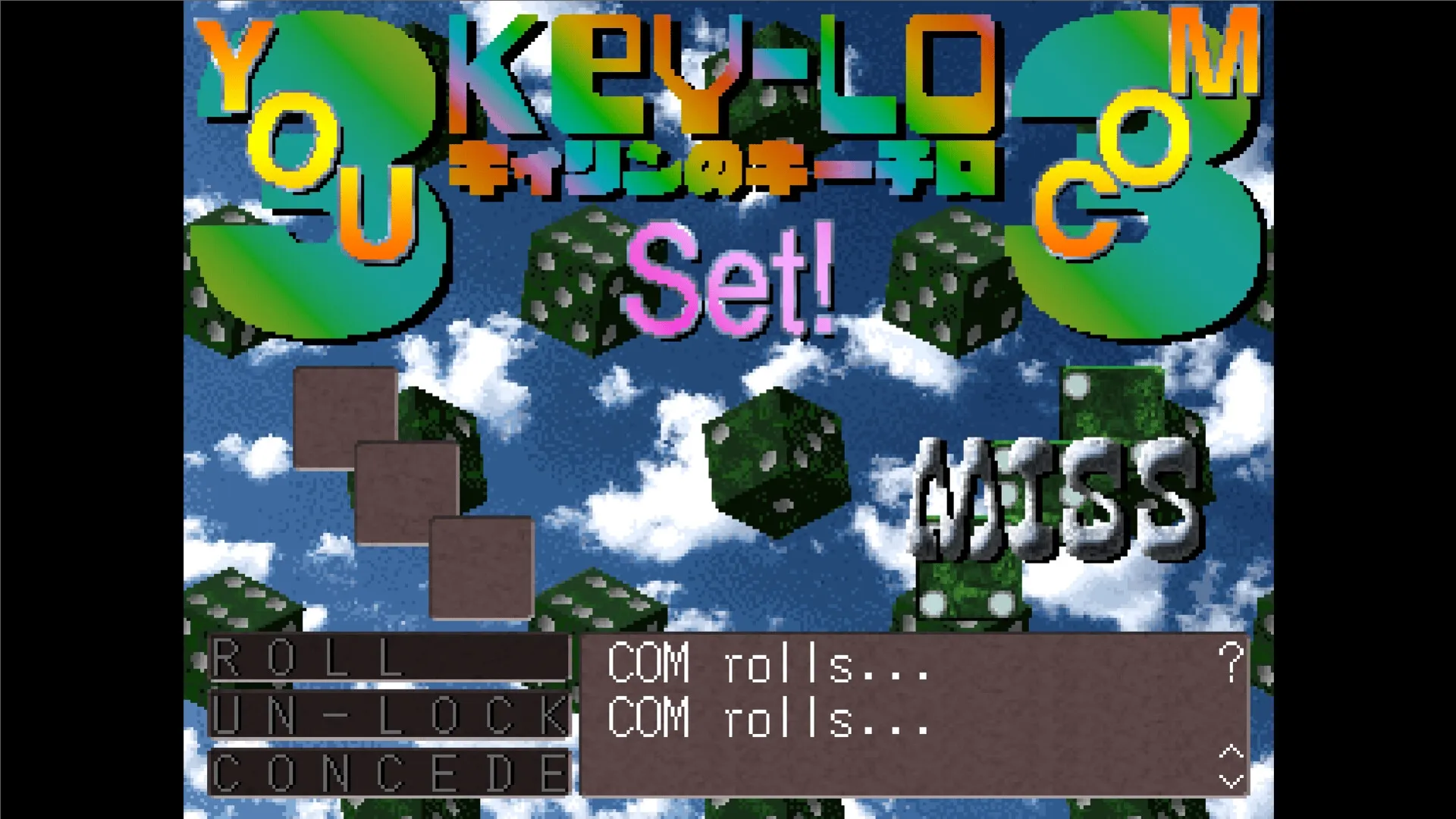 THREE VERSES³: Dice rolling interface with colorful text and commands in a sky-themed background