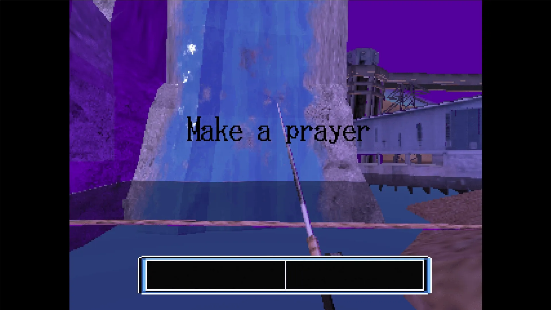 THREE VERSES³: Typing "Make a prayer" in front of a mystical waterfall inside a purple-hued cavern