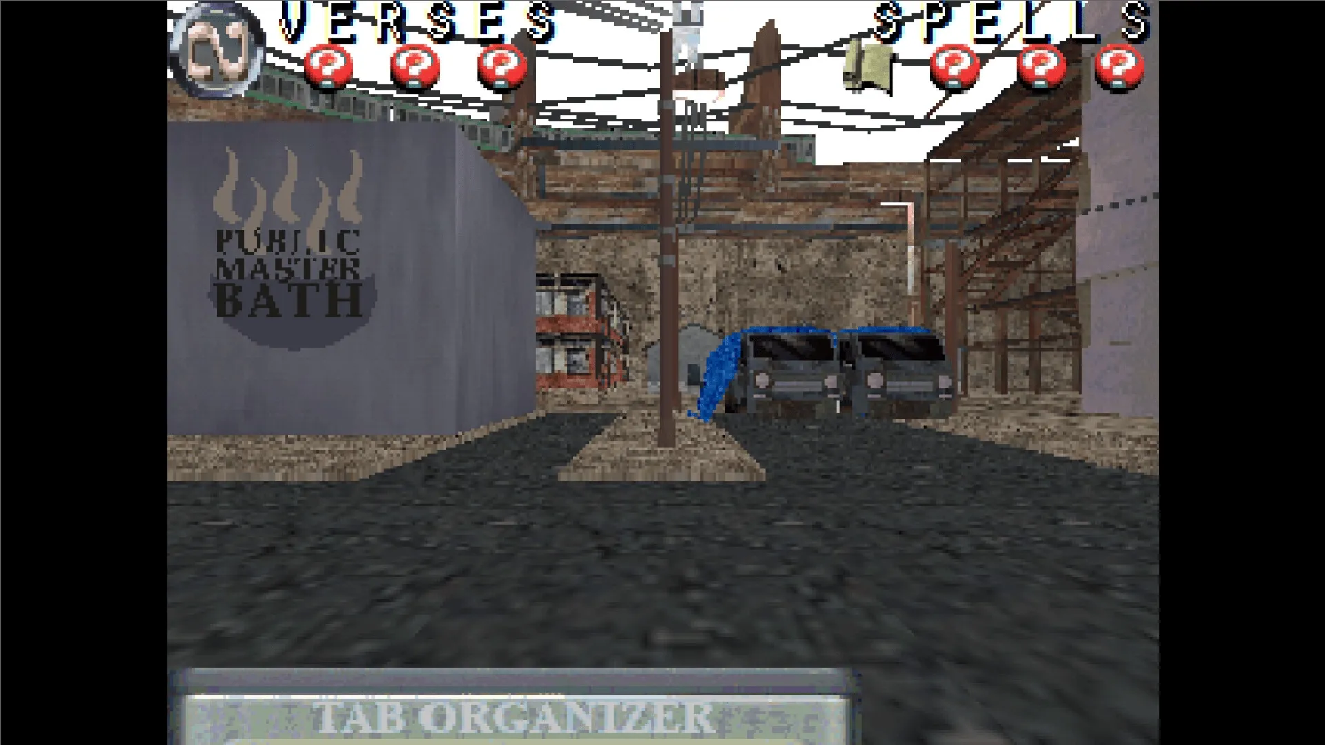 THREE VERSES³: Exploring an industrial alley with parked vans and a "Public Master Bath" sign visible