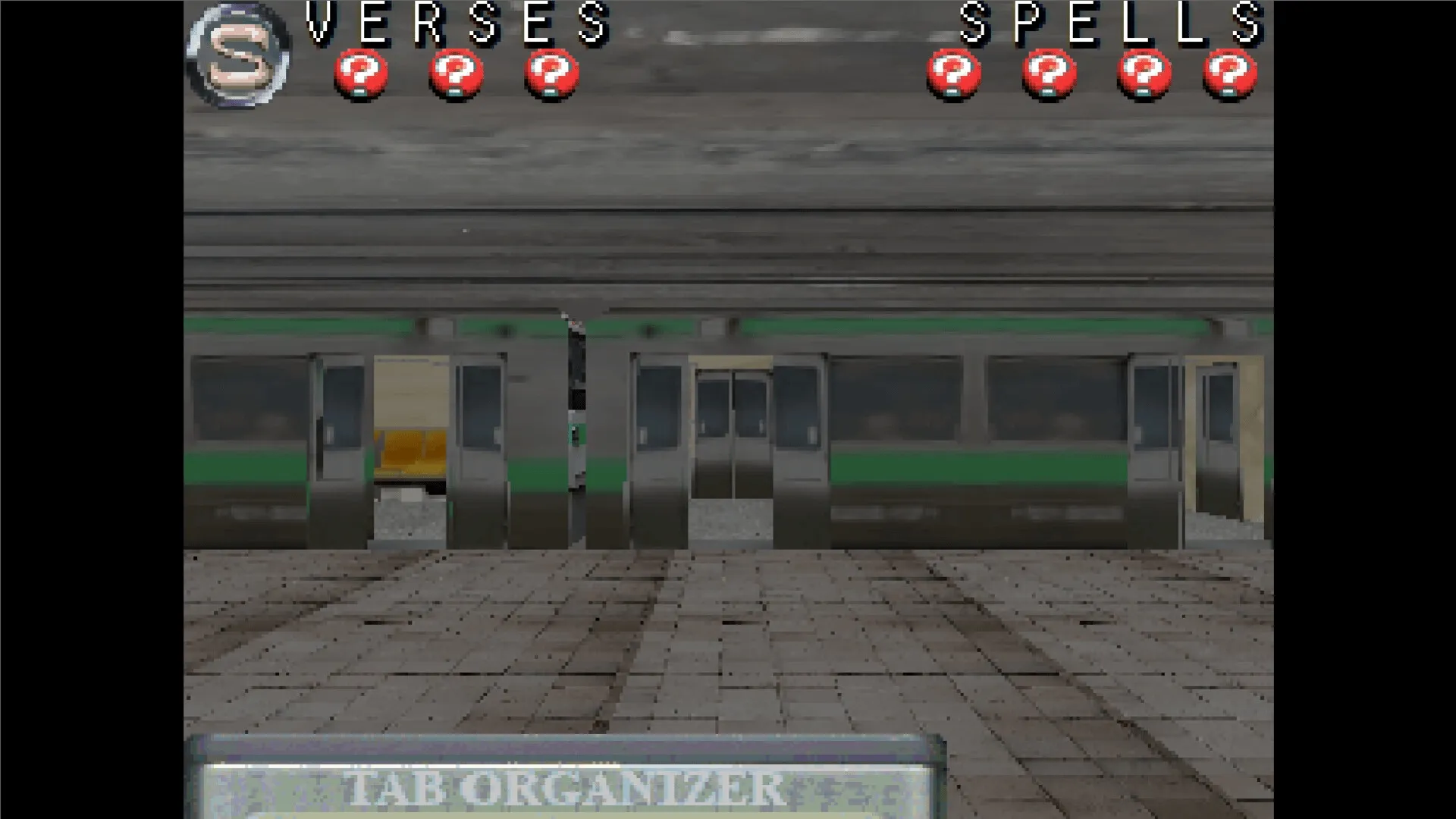 THREE VERSES³: Train platform with spell and verse counters; tab organizer at bottom of screen