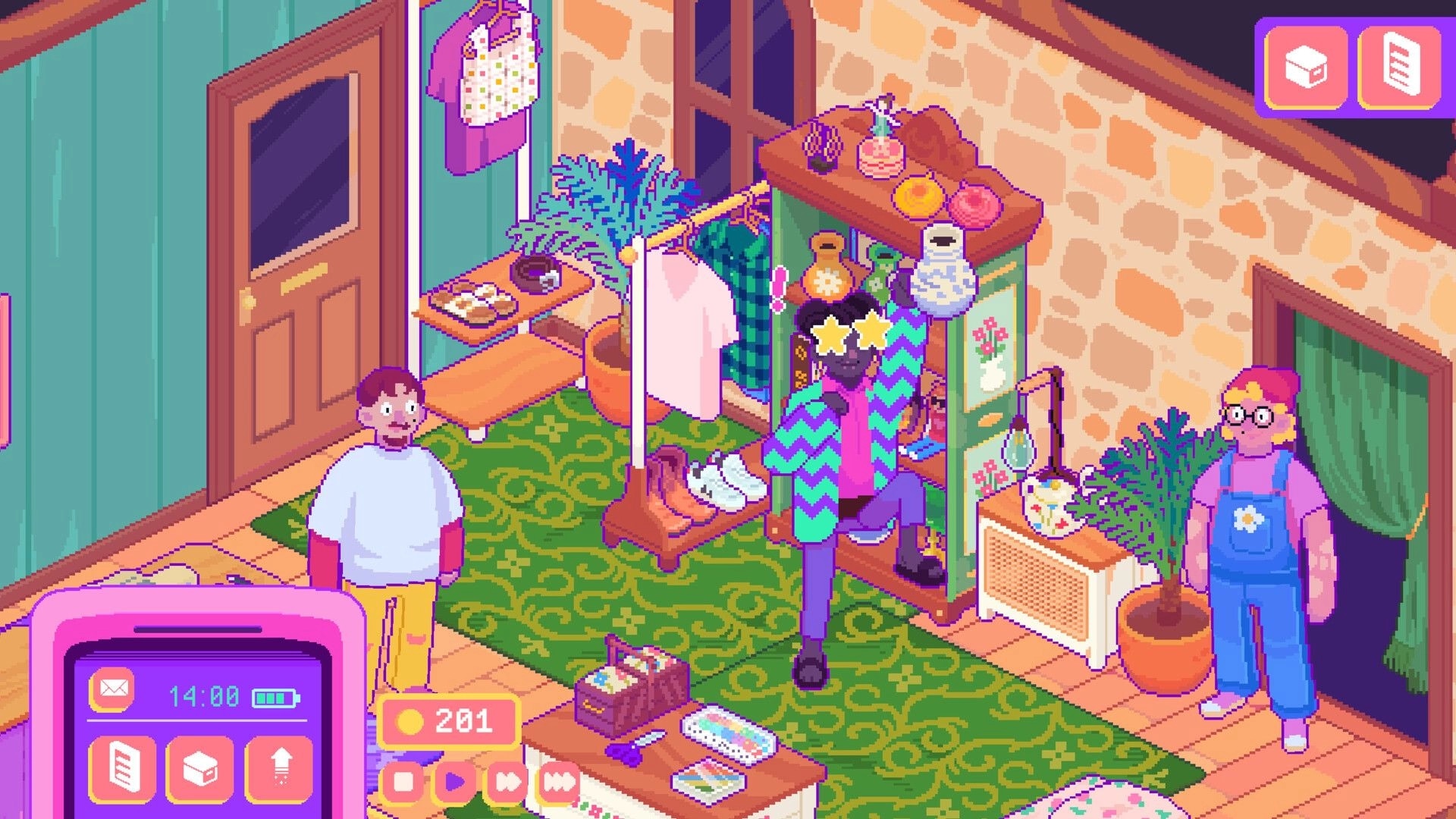Thrifty Business: Player browses shelf of vases and clothes as customers stand in cozy shop interior.