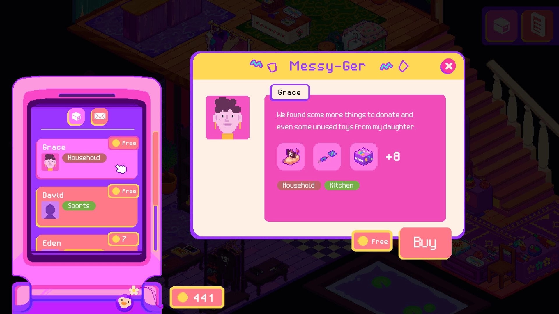 Thrifty Business: Messy-Ger message from Grace offering donated items, buy button over shop interior.