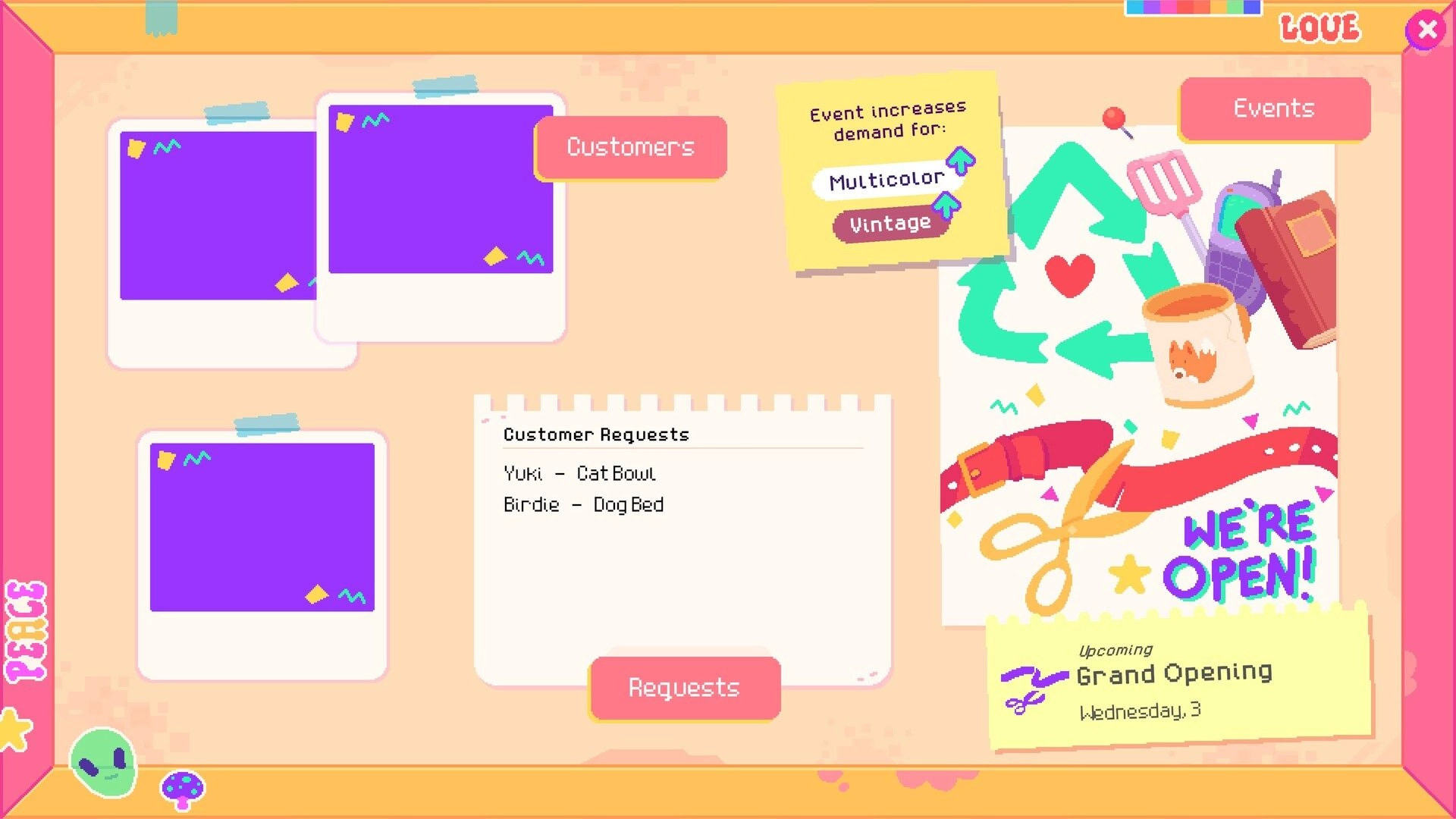 Thrifty Business: Customers and requests UI with event demand notes on a colorful bulletin board.