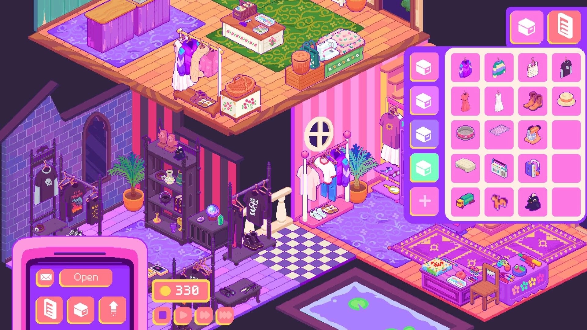 Thrifty Business: Inventory grid open beside clothing racks and displays in a cozy thrift shop interior.