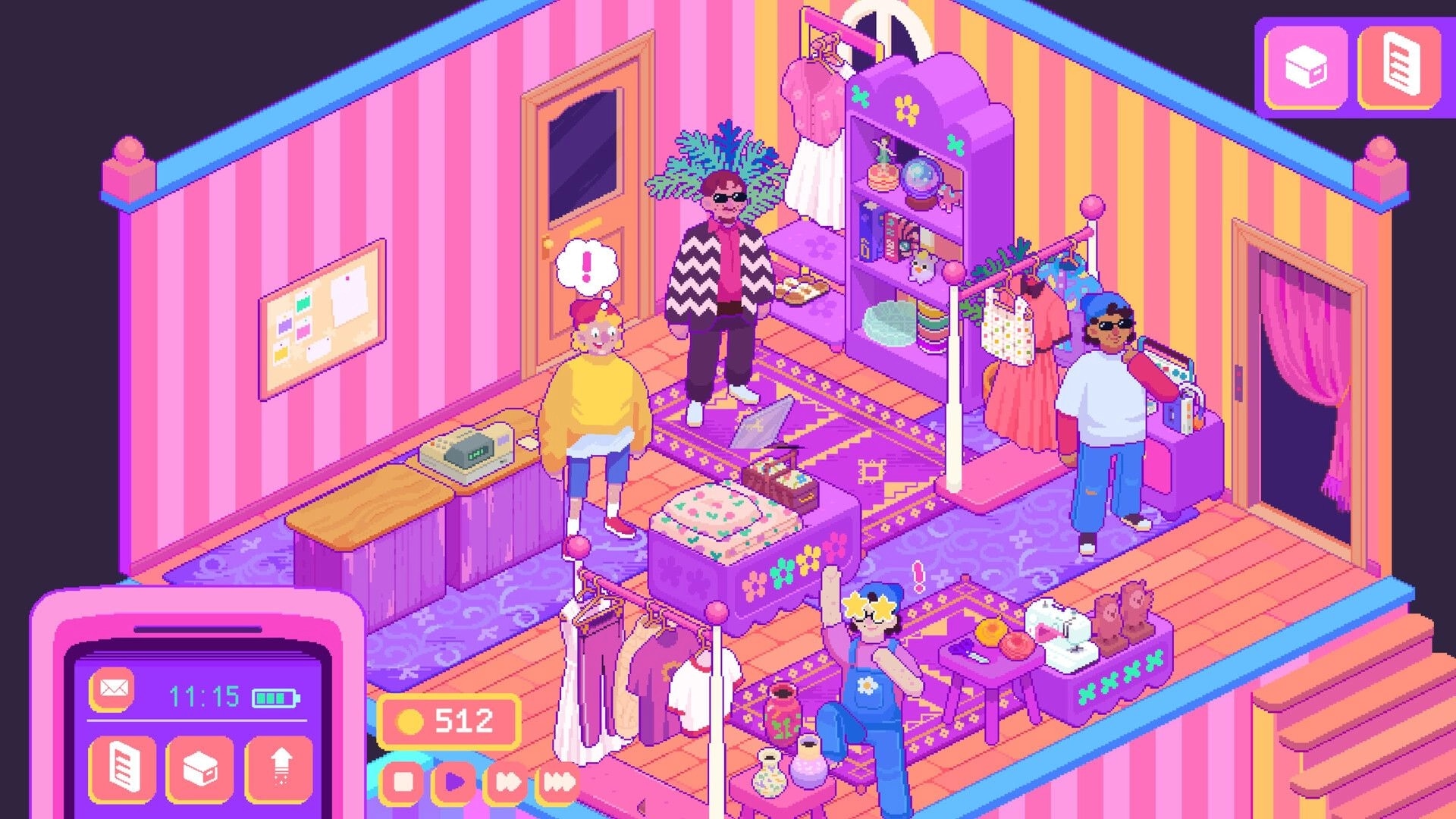 Thrifty Business: Managing customers and clothing racks in a colorful thrift shop with phone UI visible.