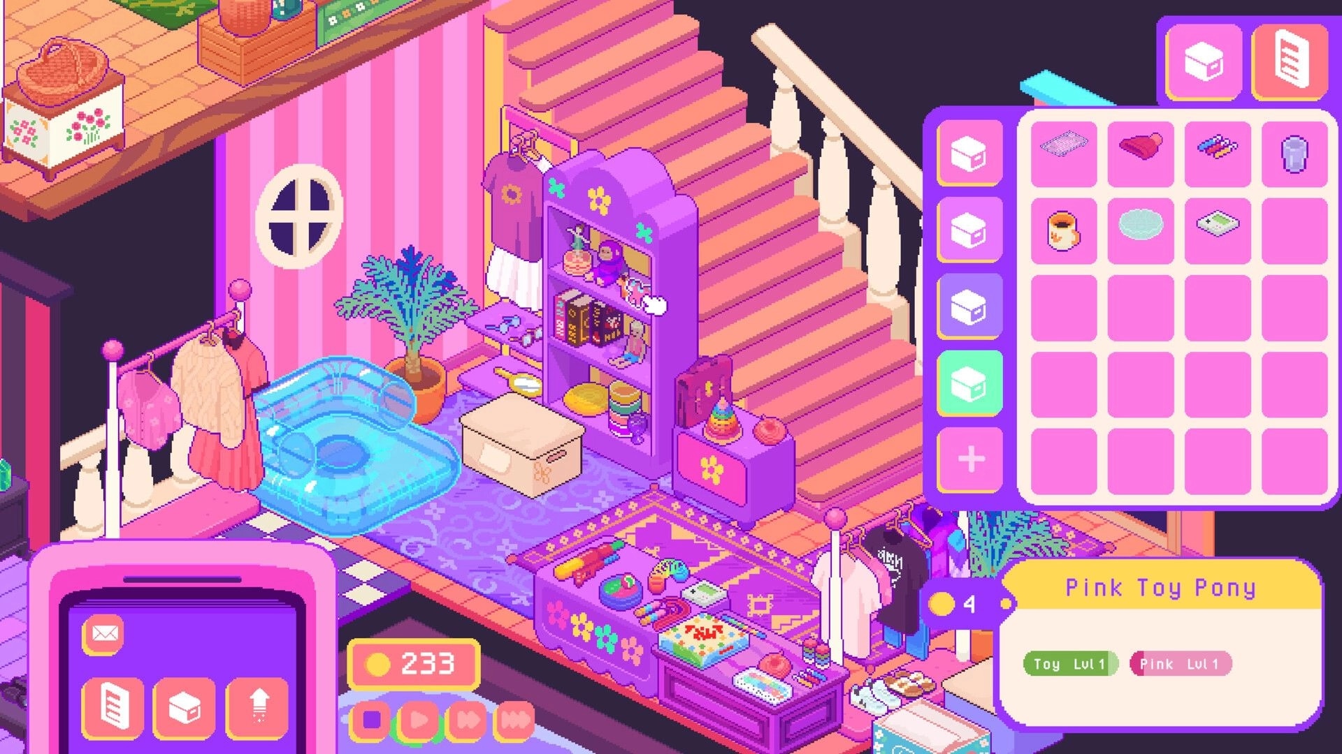 Thrifty Business: Inventory open while arranging shelf and clothes racks in a pink thrift shop room.