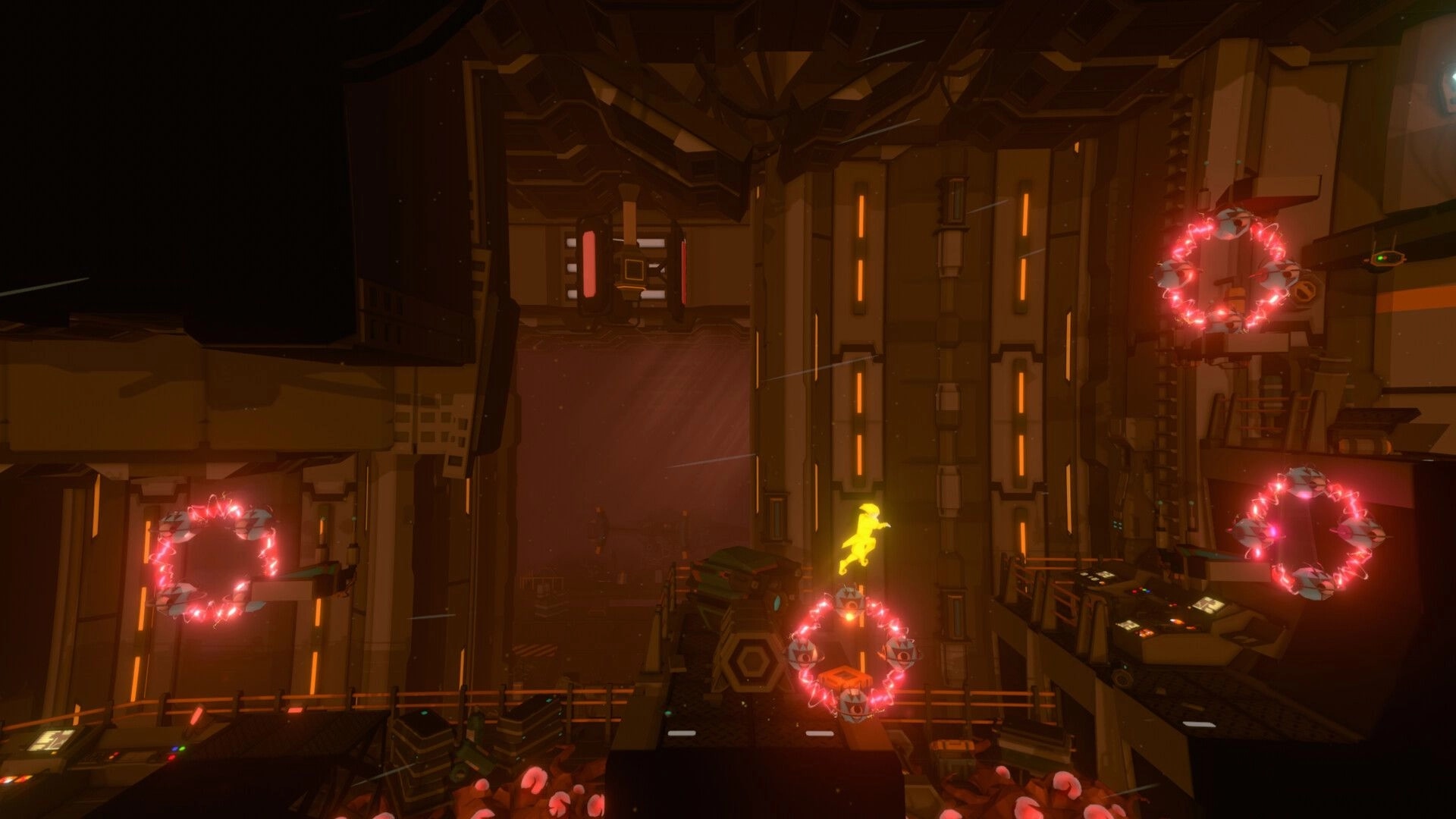 Through the Nightmares: Sandman jumps through neon rings in a dimly lit industrial environment