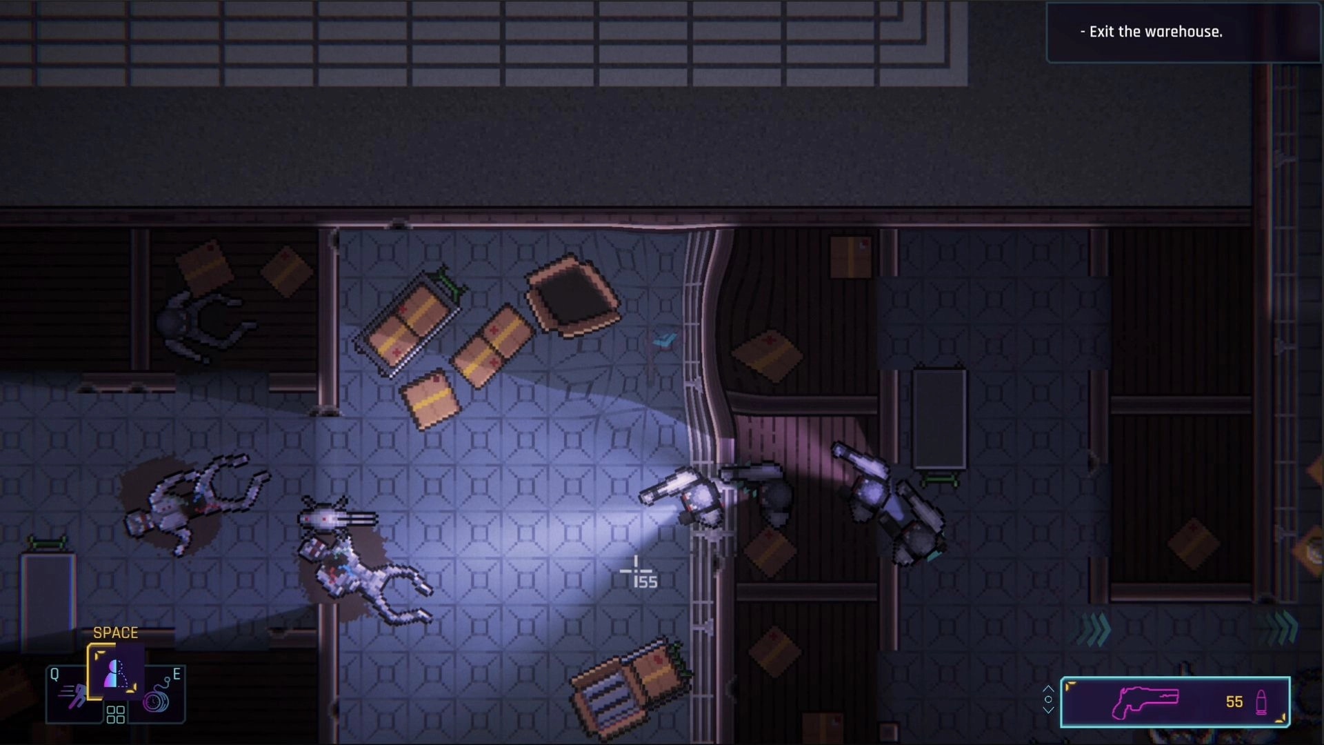 Thus Spoke the Donke: Top-down warehouse firefight with fallen guards, mission text “Exit the warehouse”.