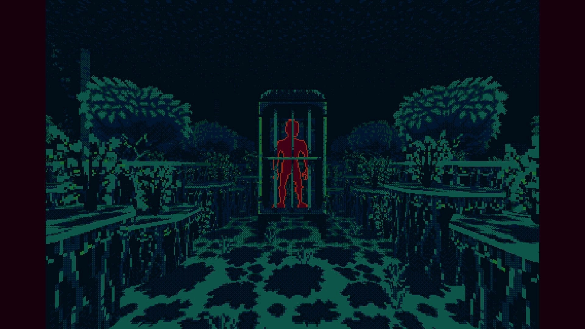 THYSIASTERY: A red silhouette stands in a glowing cage within a shadowy forest labyrinth environment.