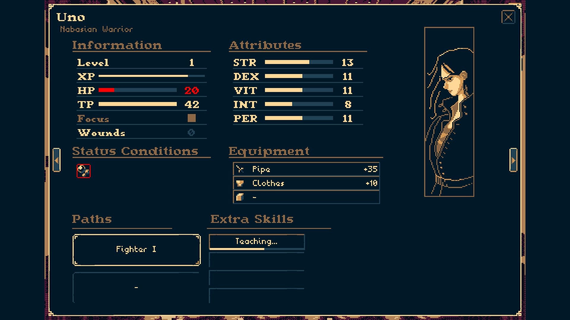 THYSIASTERY: Character stats screen showing Uno's level, attributes, equipment, and status conditions.