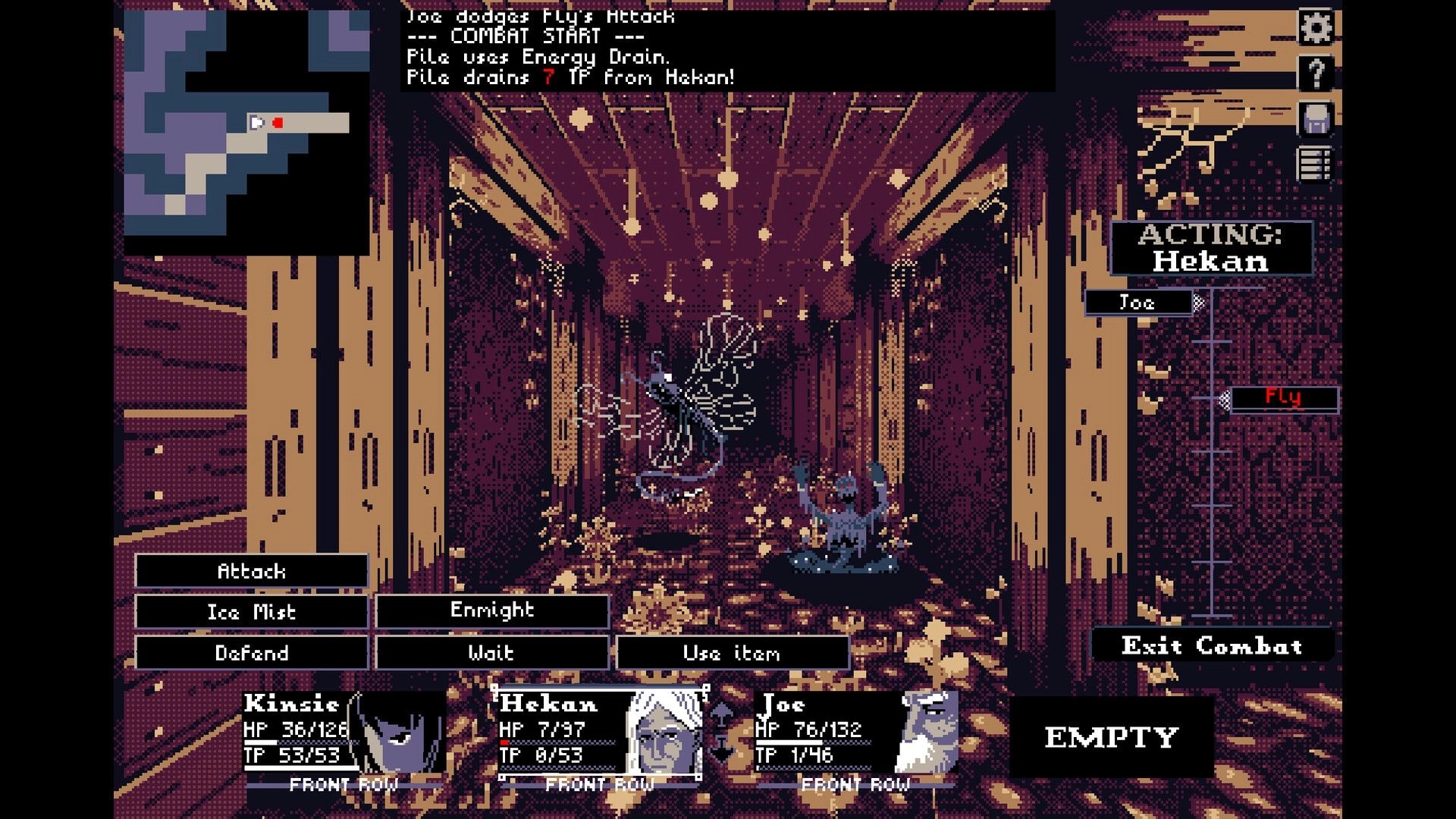 THYSIASTERY: Turn-based battle in a dim corridor with Hekan acting against Fly, UI shows commands and stats.