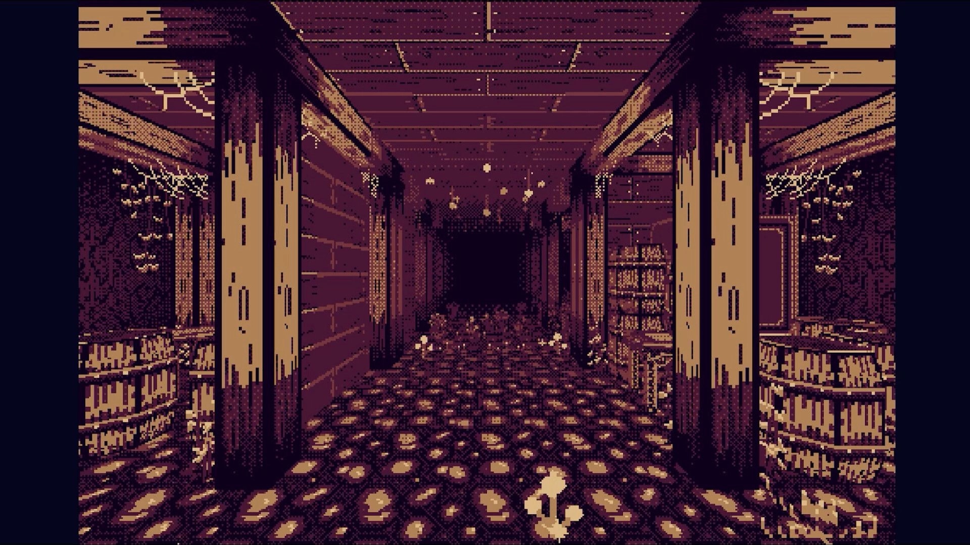THYSIASTERY: Dimly lit corridor with barrels and dusty shelves in the labyrinthine dungeon environment.