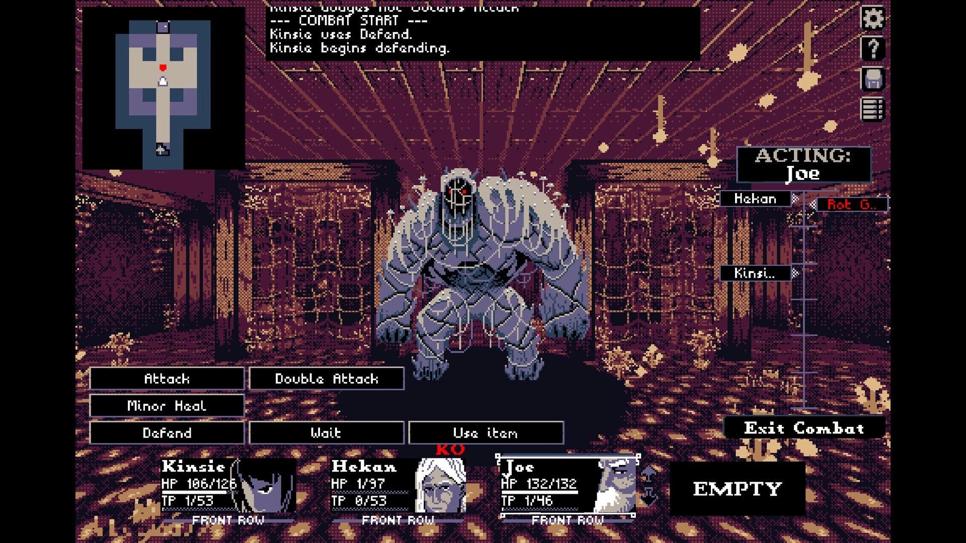 THYSIASTERY: Combat against a giant creature in a dim dungeon with character stats and action menu visible.