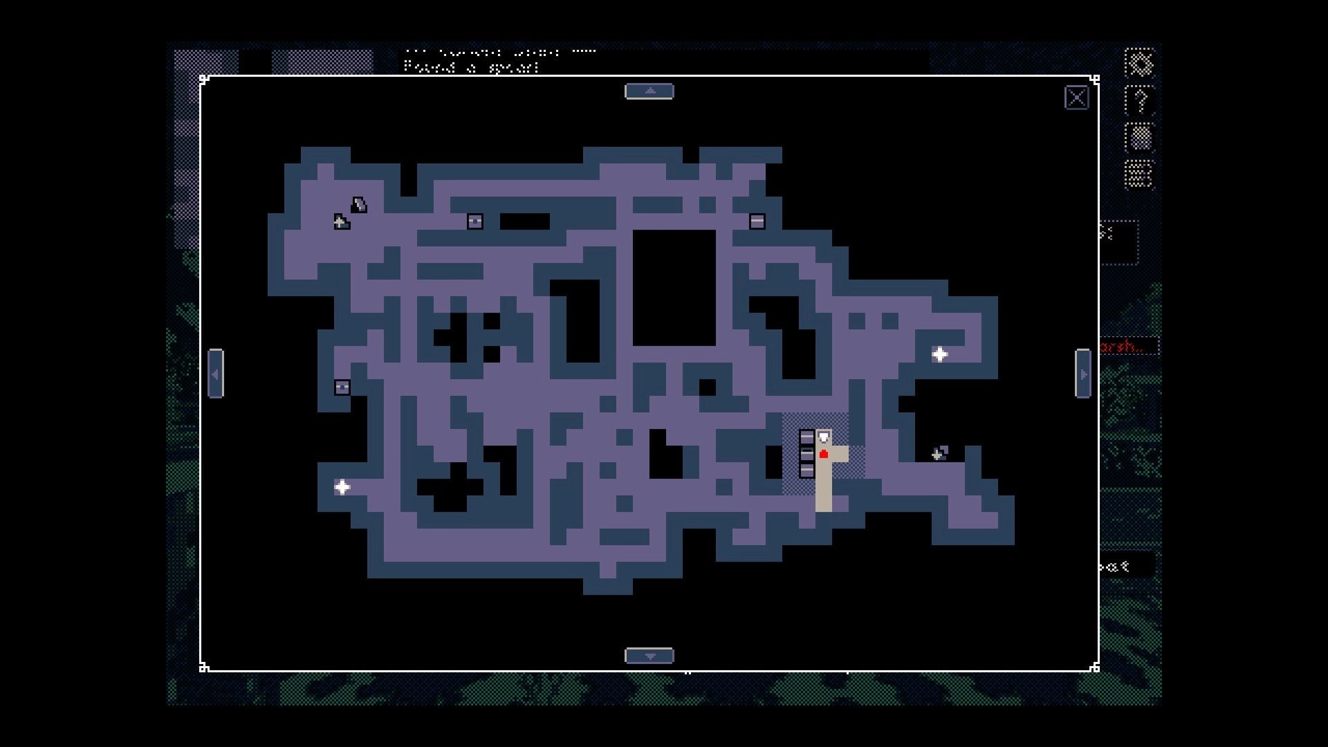 THYSIASTERY: Dungeon map view with pathways and markers, navigating the labyrinth in dark environment.