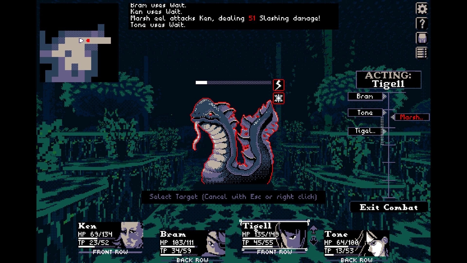 THYSIASTERY: Combat with Marsh Eel in dark forest as Tigell prepares attack, party stats displayed below