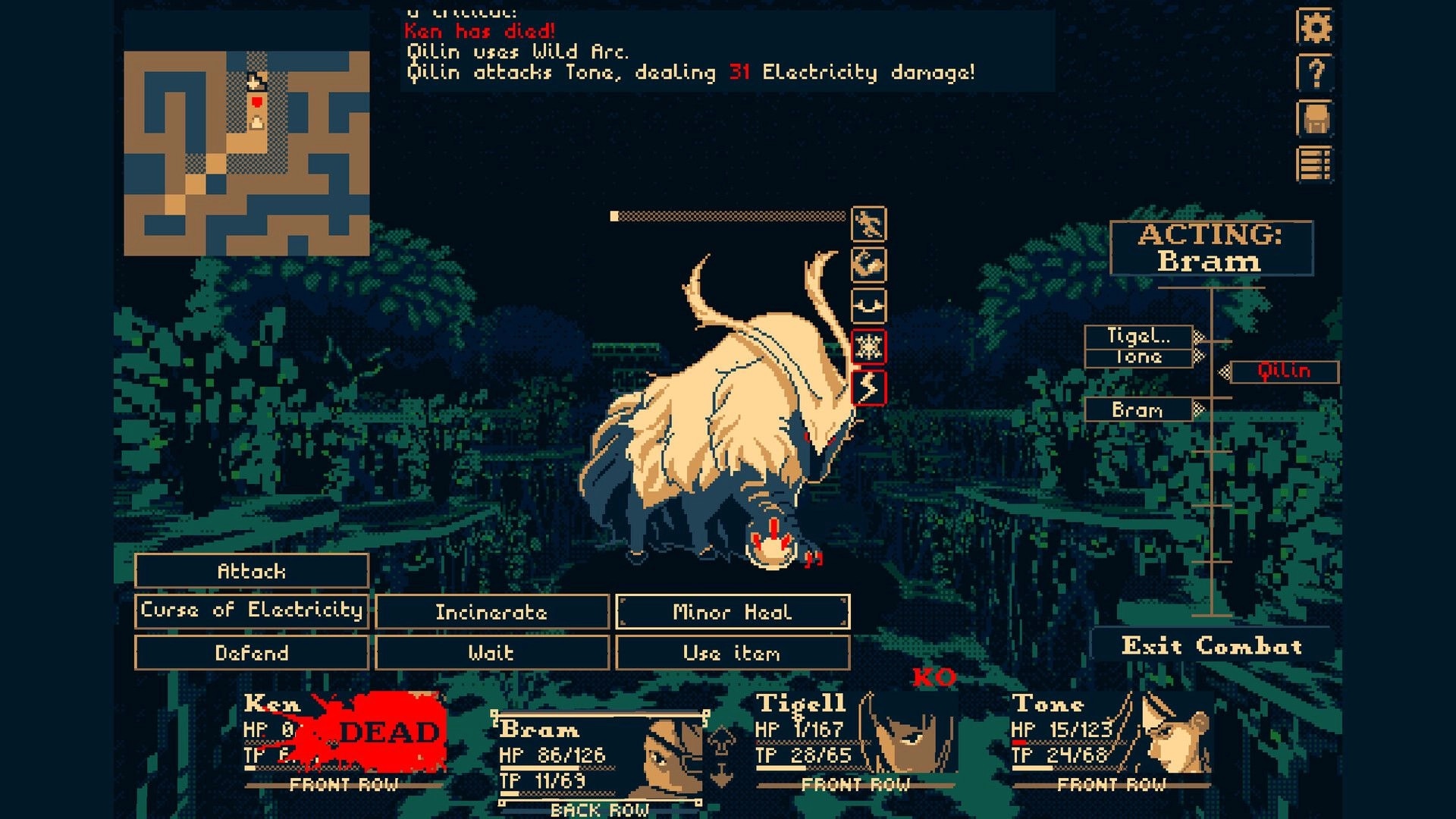THYSIASTERY: Party battles Qilin in forest setting, map and action menu visible, Ken marked as dead.