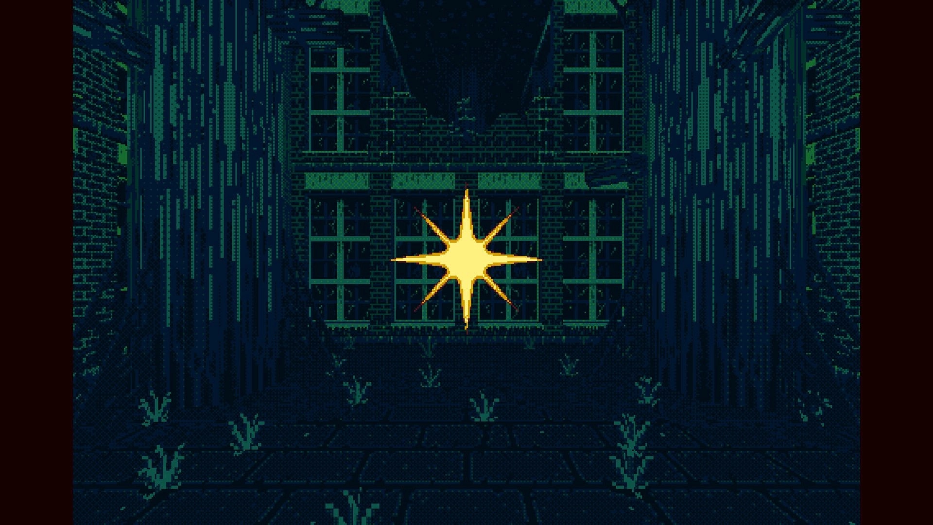 THYSIASTERY: Bright starburst effect inside a dark, overgrown alley with old brick buildings and windows.