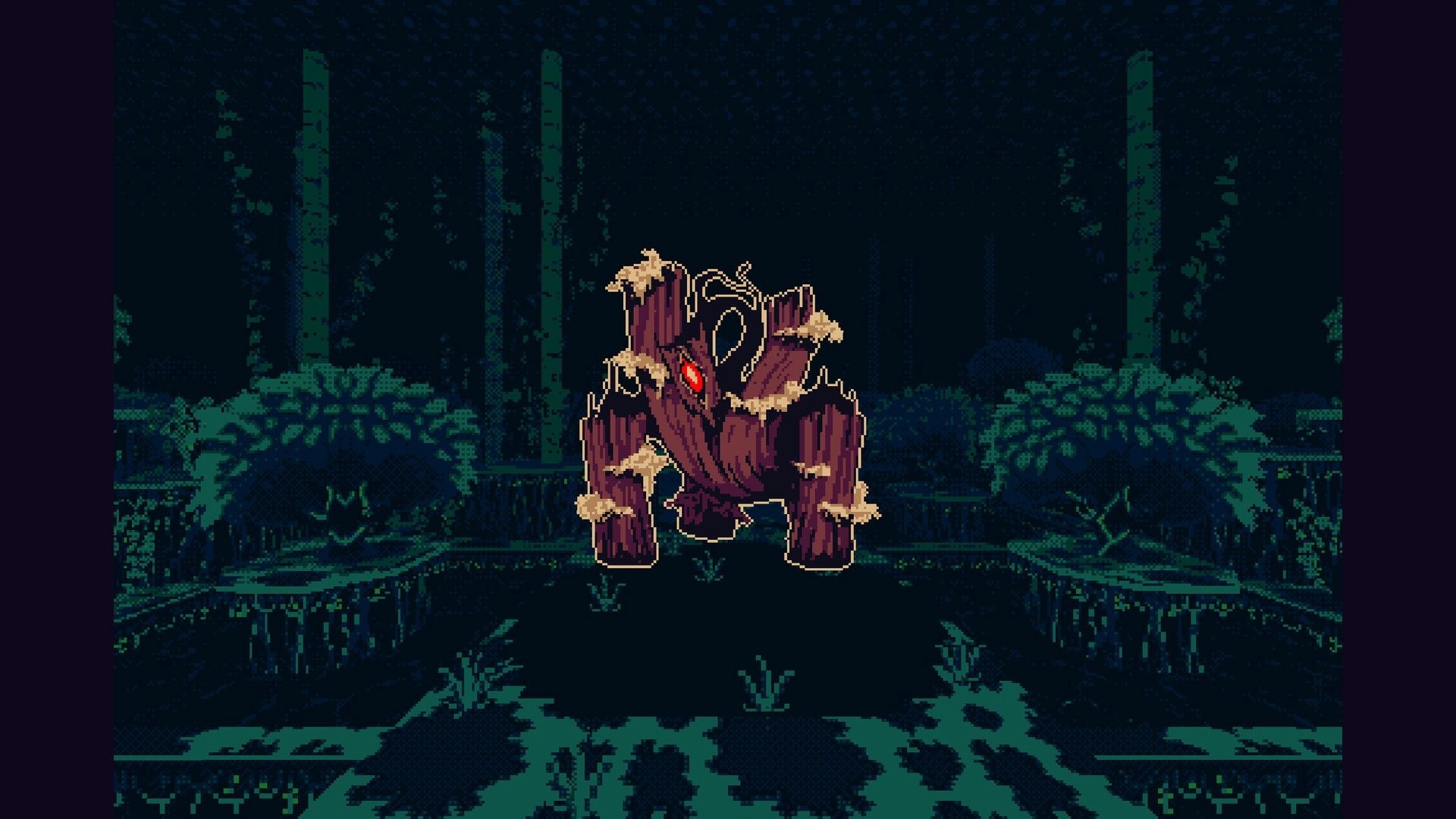 THYSIASTERY: A menacing wooden creature with a glowing red eye stands in a shadowy, overgrown labyrinth.