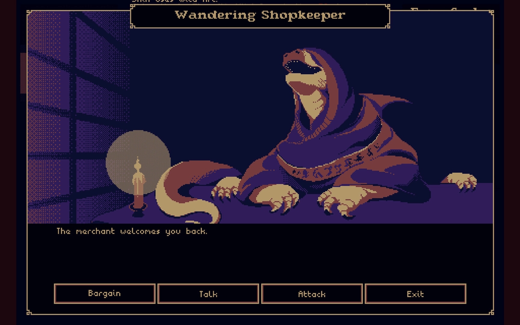 THYSIASTERY: Interaction with the Wandering Shopkeeper in a dimly lit room, options to bargain or talk.