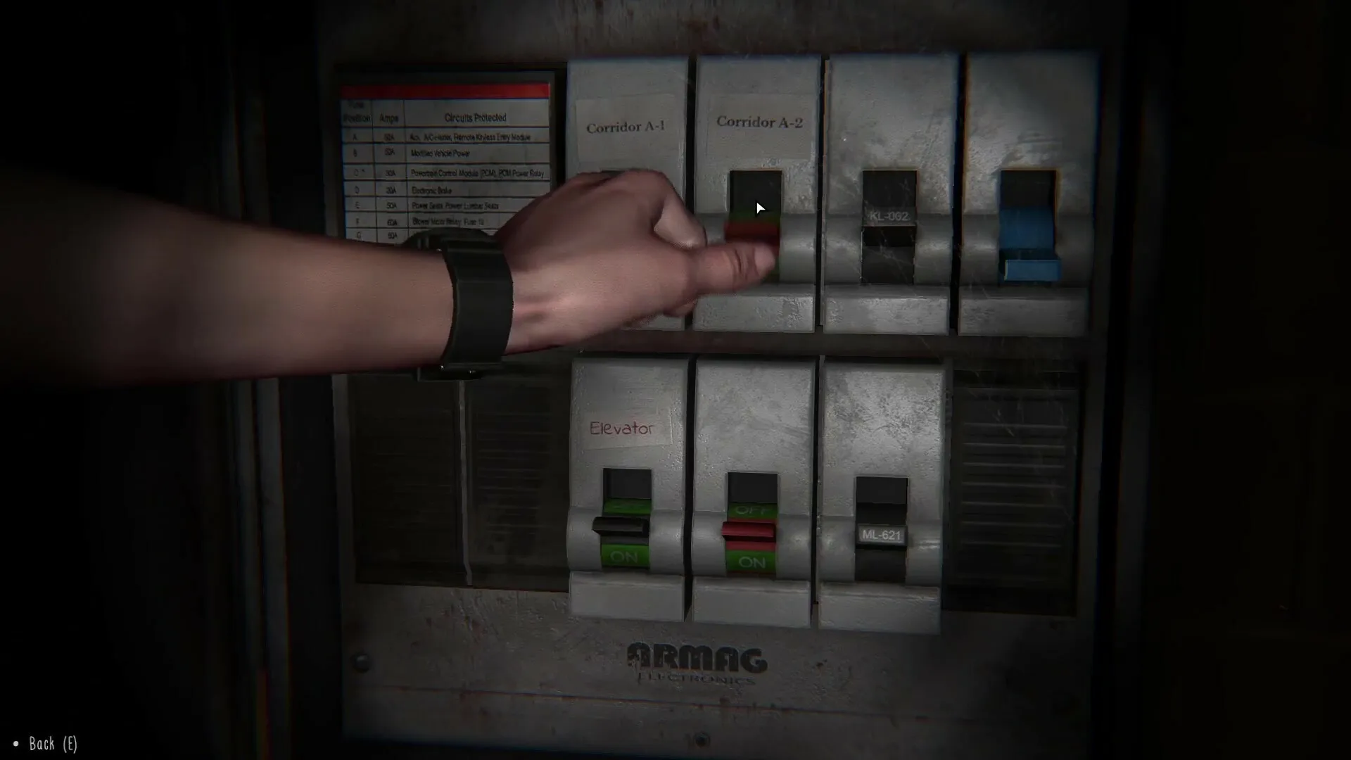 TIC-TAC: Player adjusts circuit breakers in dimly lit control room at Bluebird High School