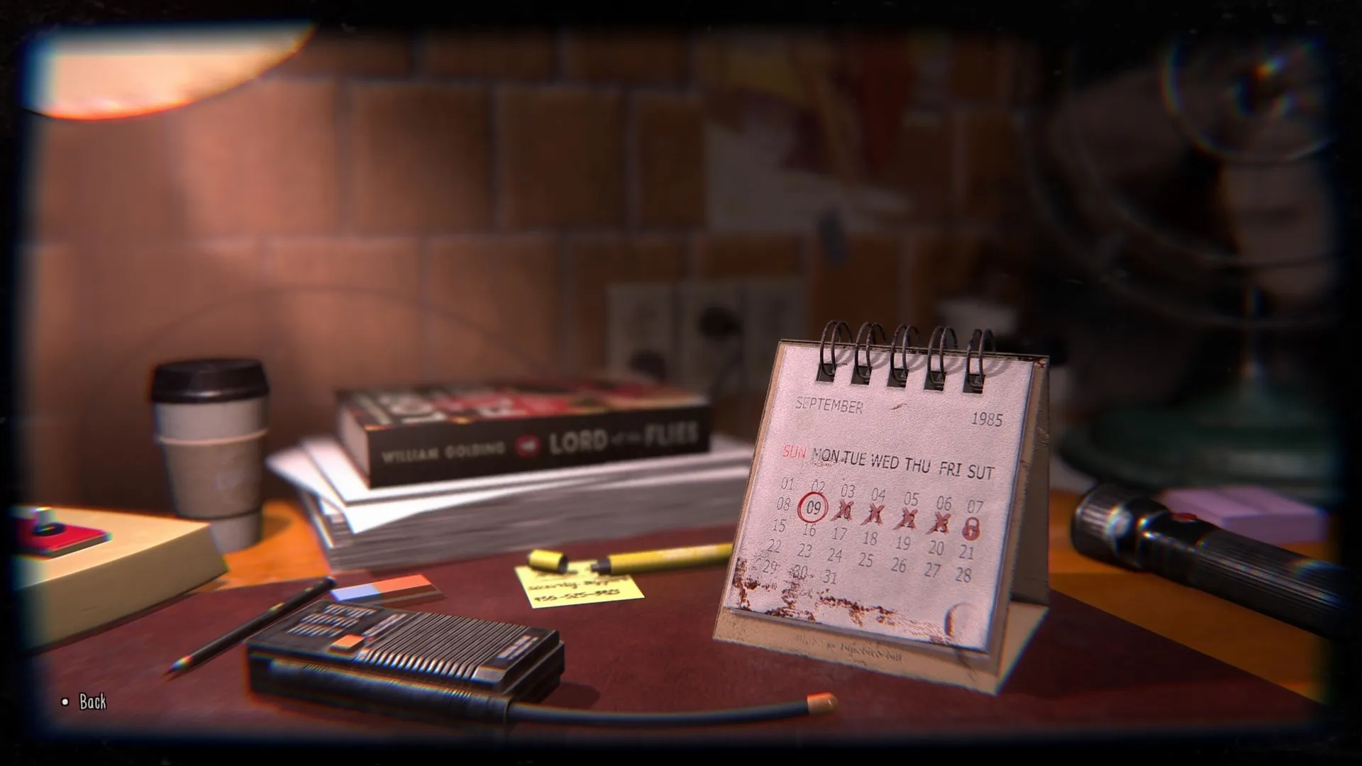TIC-TAC: Desk with calendar, flashlight, and book in dimly lit Bluebird High School office setting.