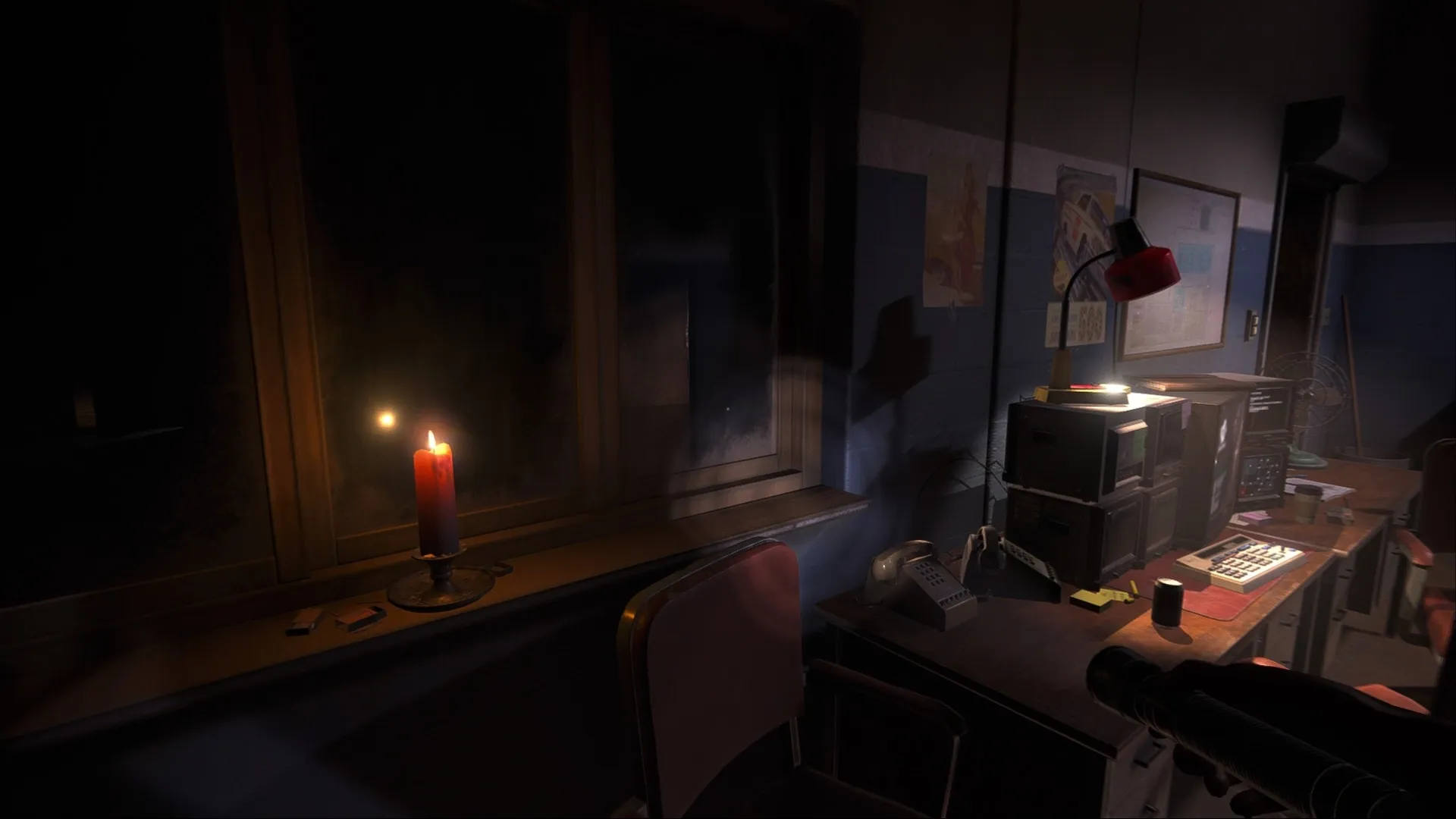 TIC-TAC: Dimly lit security office with glowing candle, computer monitors, and scattered papers