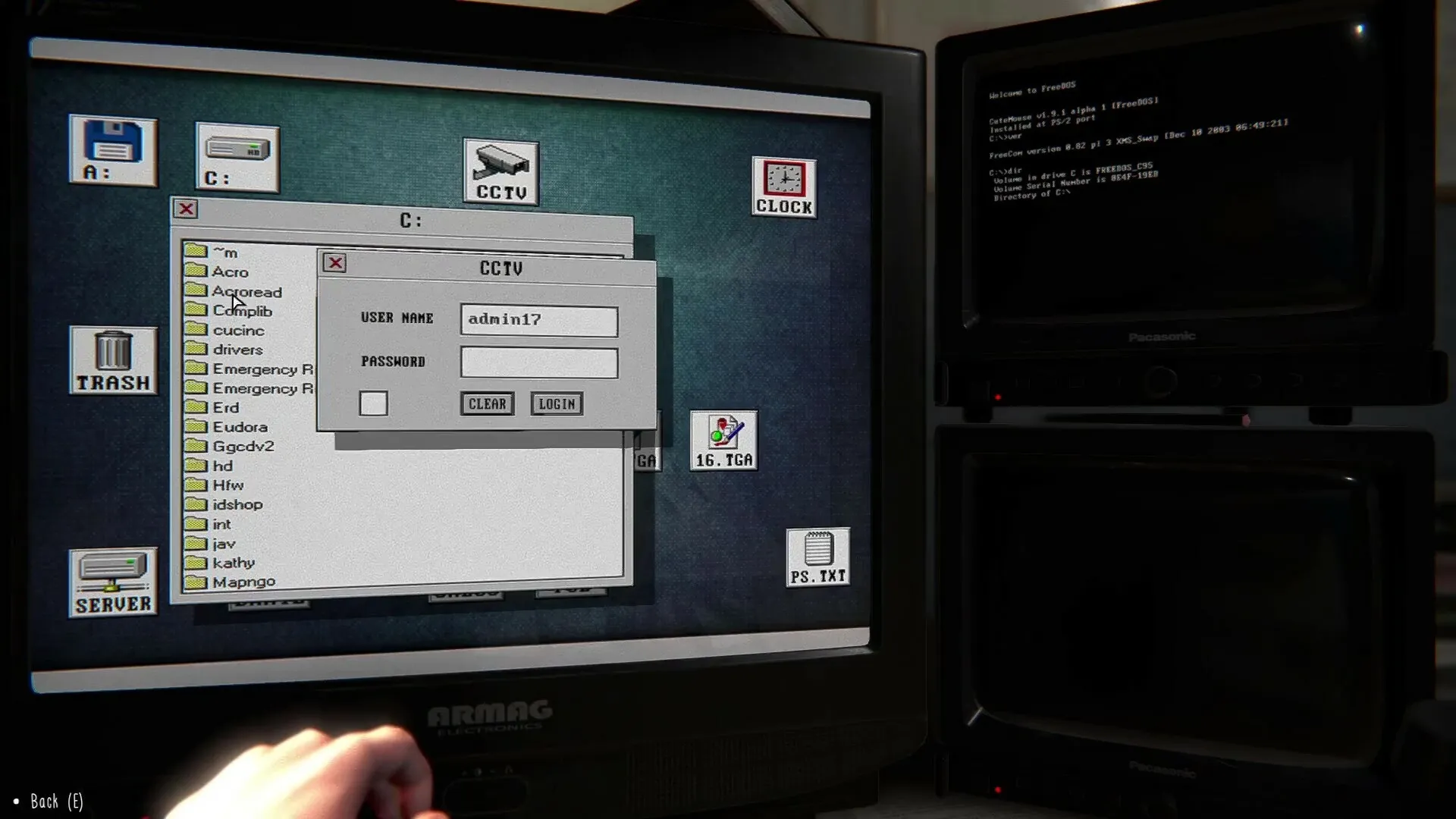 TIC-TAC: Logging into CCTV system on retro computer interface in dimly lit surveillance room.