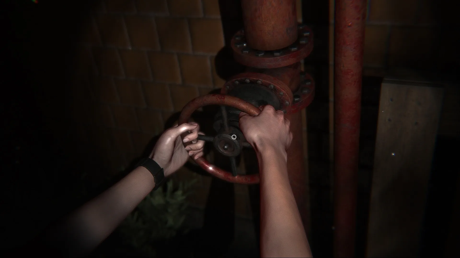 TIC-TAC: Player turns a rusty valve in a dimly lit corridor of Bluebird High School basement.