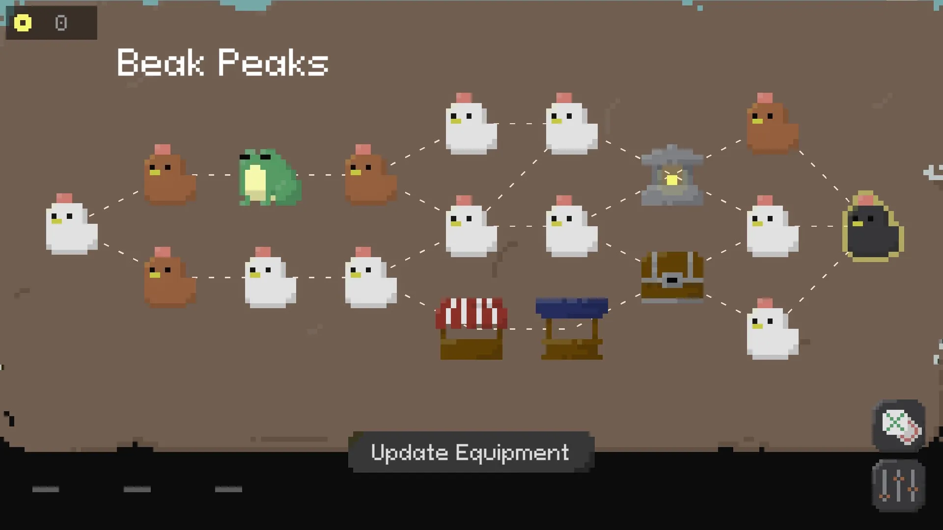 Tic Tactic: Map of Beak Peaks with chicken icons and paths, update equipment button below