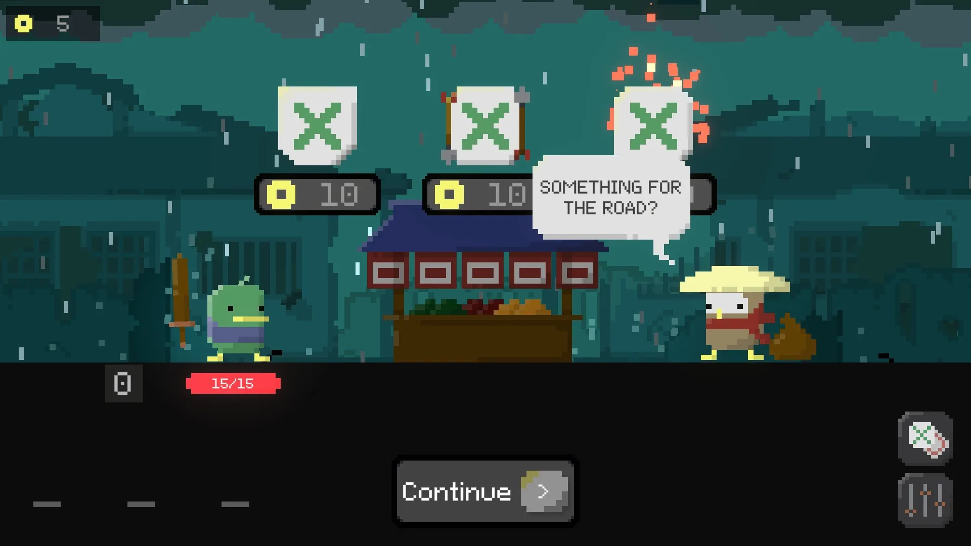 Tic Tactic: Duck character shops in rainy market with dialogue and item purchase options displayed.