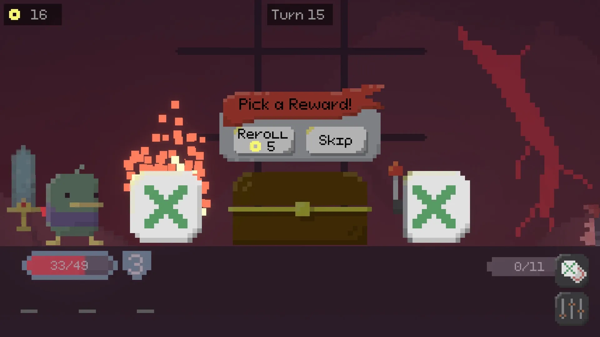 Tic Tactic: Duck character choosing rewards from a treasure chest in a dimly lit room, turn 15.