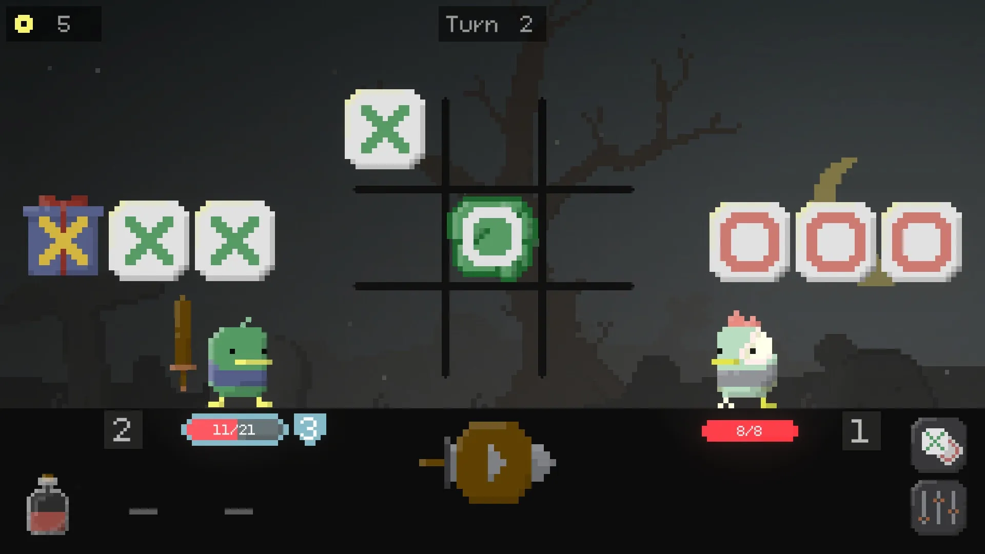 Tic Tactic: Frog and chicken duel on tic-tac-toe grid with health bars in dark forest setting.