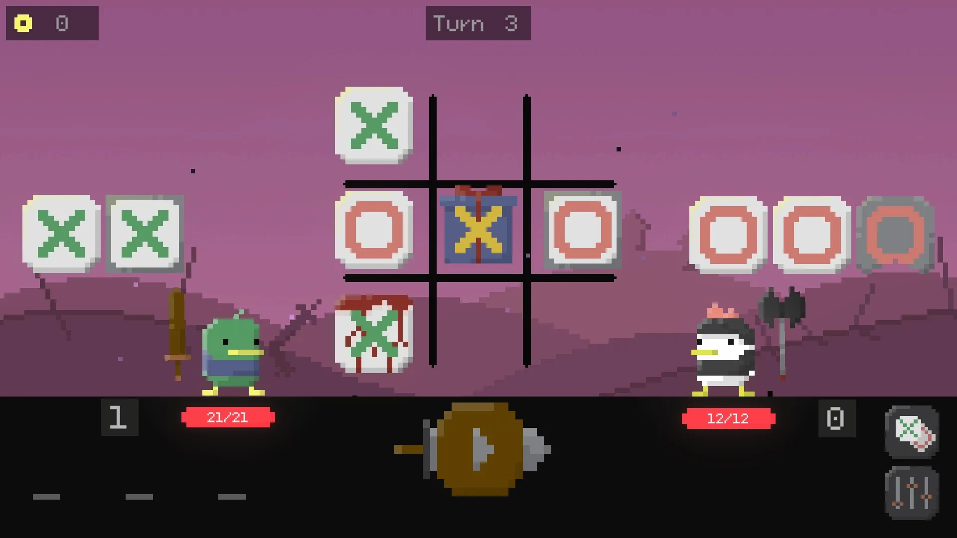 Tic Tactic: Duck and chicken face off in tic-tac-toe grid battle in a pixelated purple landscape.