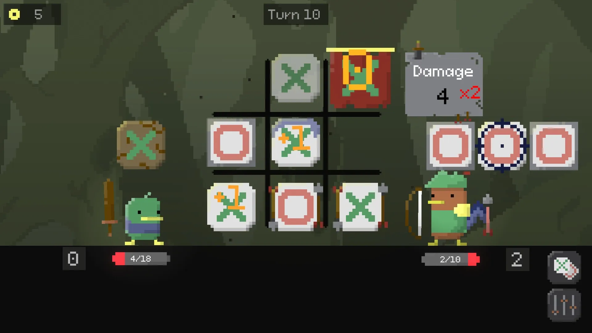 Tic Tactic: Duck character battles chicken opponent on tic-tac-toe grid in forest setting, turn 10.