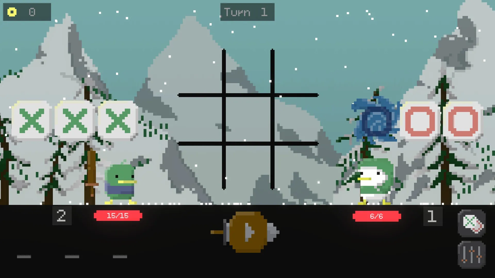 Tic Tactic: Battle between duck and chicken with tic-tac-toe grid in snowy mountain setting