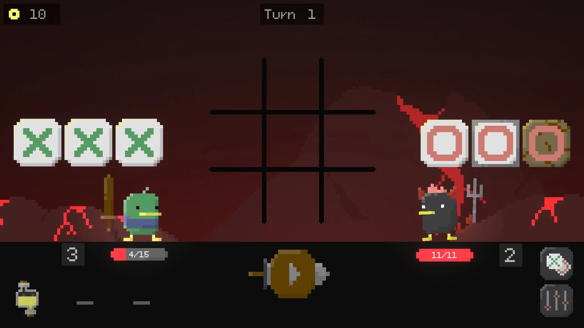 Tic Tactic: Duck and chicken duel with tic-tac-toe grid in dark, fiery environment on Turn 1