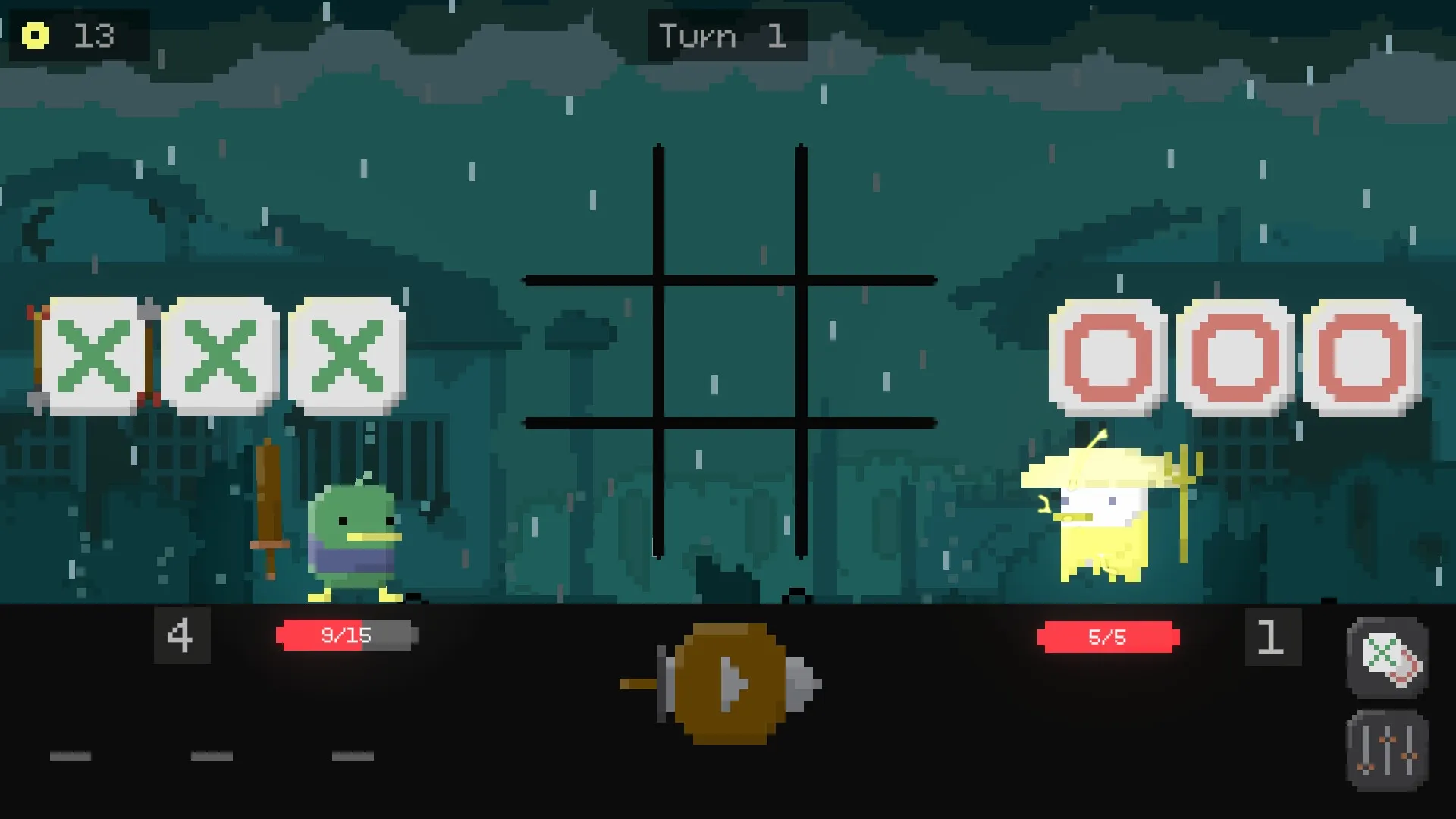 Tic Tactic: Turn-based battle with duck and chicken characters under rainy night sky in pixel art style