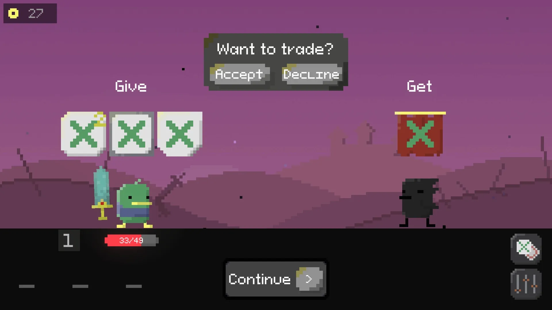 Tic Tactic: Trading interface with duck character offering tiles against a purple sky backdrop