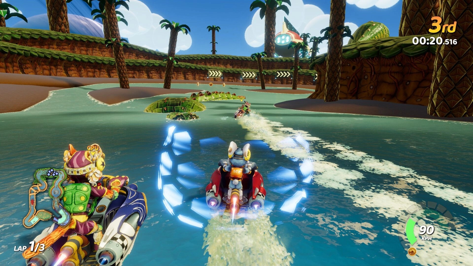 Tidal Rush: Players race HydroSpeeders through tropical river, dodging obstacles and rival racers.